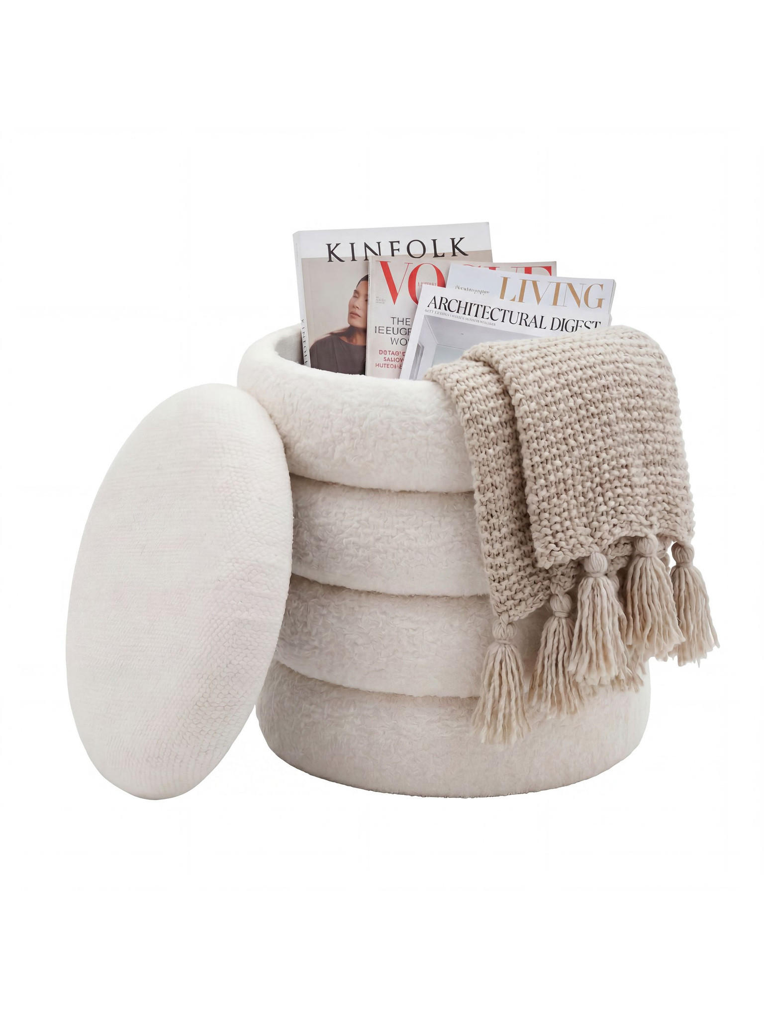 SITZHOCKER RHONE, Teddystoff, mit Textilbezug, Creme, Ø 40 x 45 cm - Beige/Creme, Textil (40/45/40cm) - KADIMA DESIGN