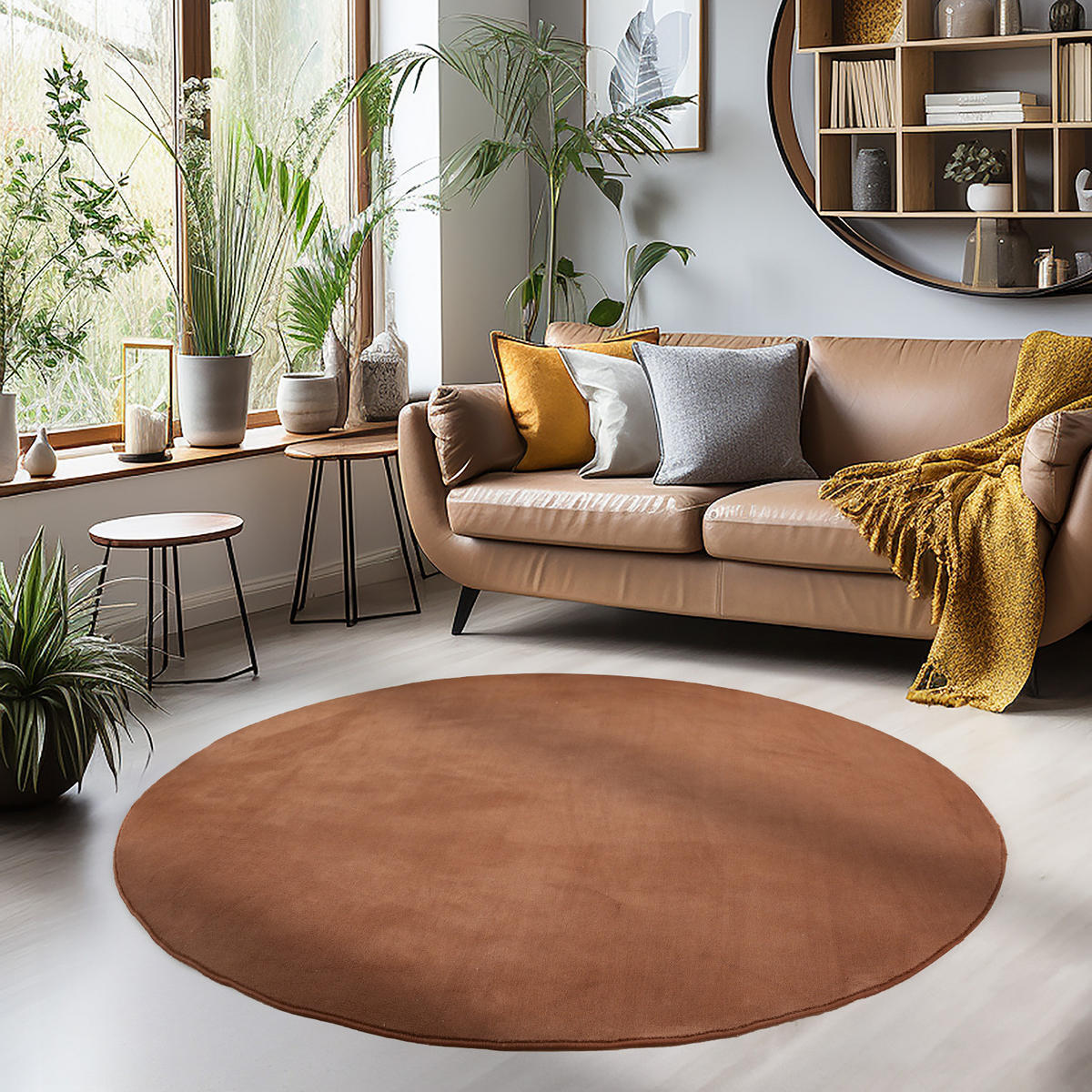 TEPPICH Kurzflor Uni-Farbe Microfaser Antirutsch Wohnzimmer waschbar Braun Rund 120x120 - Braun, Textil (120/120cm) - KADIMA DESIGN