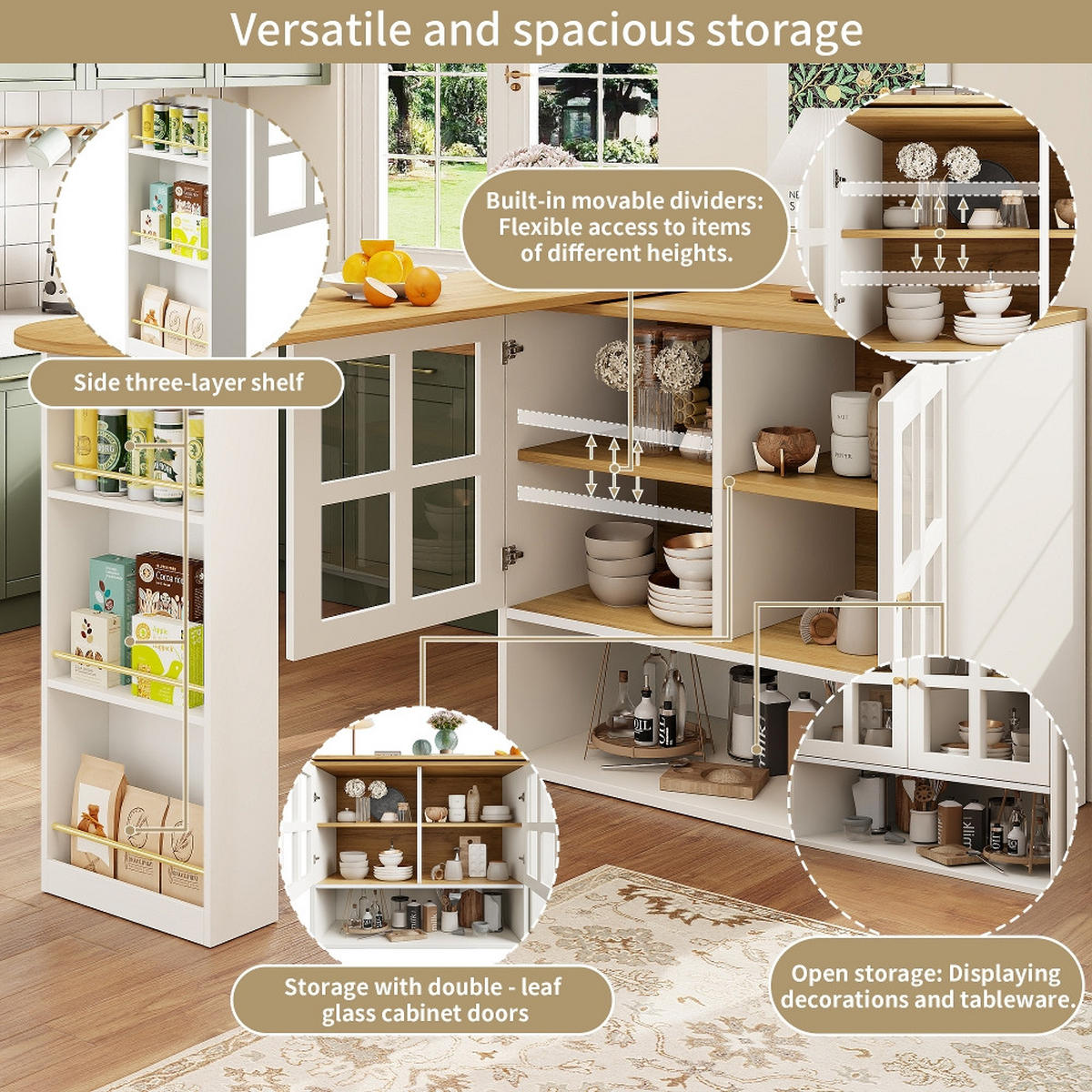 KÜCHENINSEL DREHBARE ESSBAR mit Snackregal, Sideboardschrank, MDF/Glas, Weiß, 138-204/39/102,5 cm - Weiß, Kunststoff (39/102.5/138cm) - Rolipo