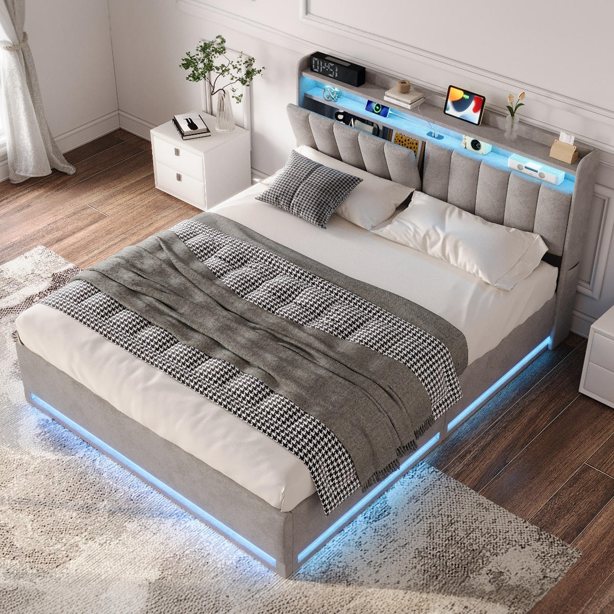 POLSTERBETT 140/190 cm Grau aus Leinen, mit Stauraum, LED-Beleuchtung und USB-Ladefunktion - Naturfarben/Grau, Holz/Metall (140/190cm) - FURNISHINGS HOME