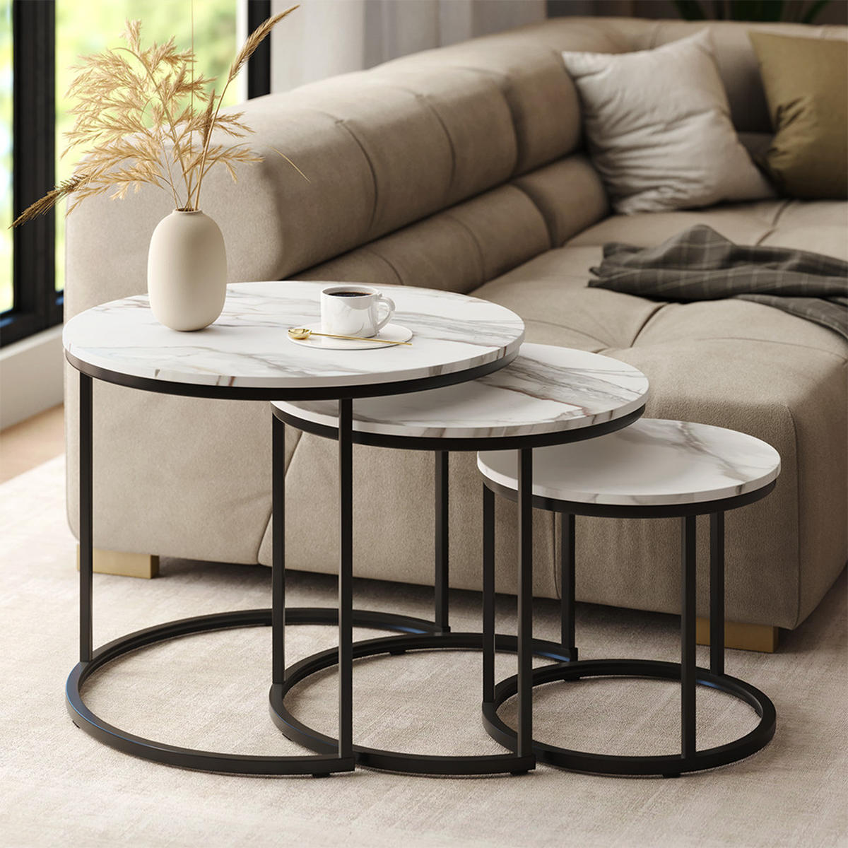 COUCHTISCH-SET Montreal Weiß/Schwarz 55 x 55 cm 3 Teile - Schwarz/Weiß, Holzwerkstoff (55/55/44.5cm) - Vicco