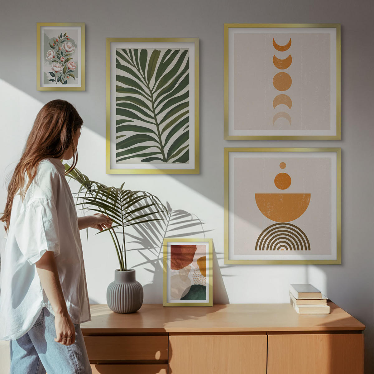 WANDBILDER 5er Set - 50x50 cm & 20x30 cm & 40x60 cm Goldrahmen - Abstrakte Blattformen - Goldfarben, Kunststoff (40/60cm) - ArtPrintCave