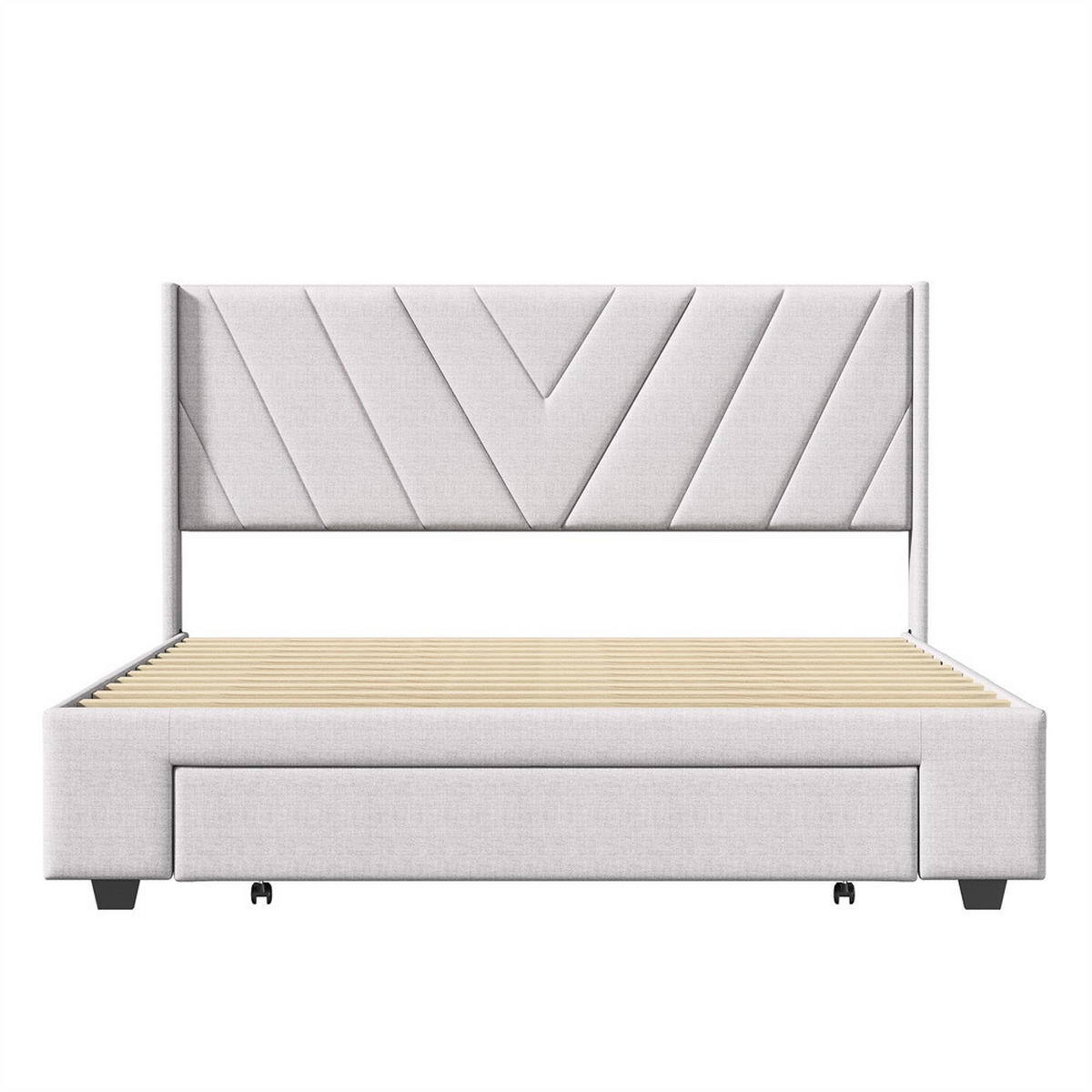 POLSTERBETT 160x200 cm mit 3 Schubladen - Kopfteil mit minimalistischem Liniendesign - ohne Matratze - Beige - Beige, Textil (160/200cm) - DELFA