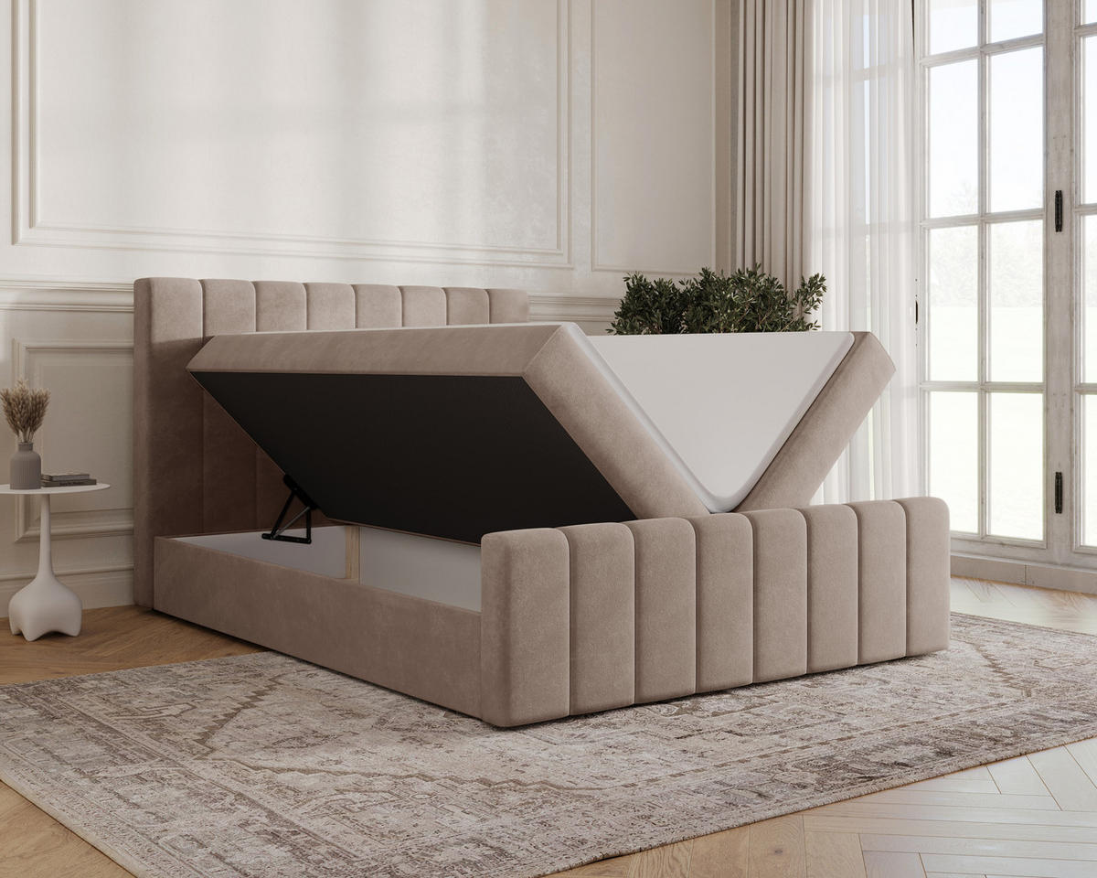 BOXBETT 01 BIS 140 x 200 cm - Manila - Modernes Polsterbett mit Bettkasten inkl. PU-Schaum-Topper und Federmechanismus - Cappuccino, Holz (140/200cm) - ROYAL24_MARKT