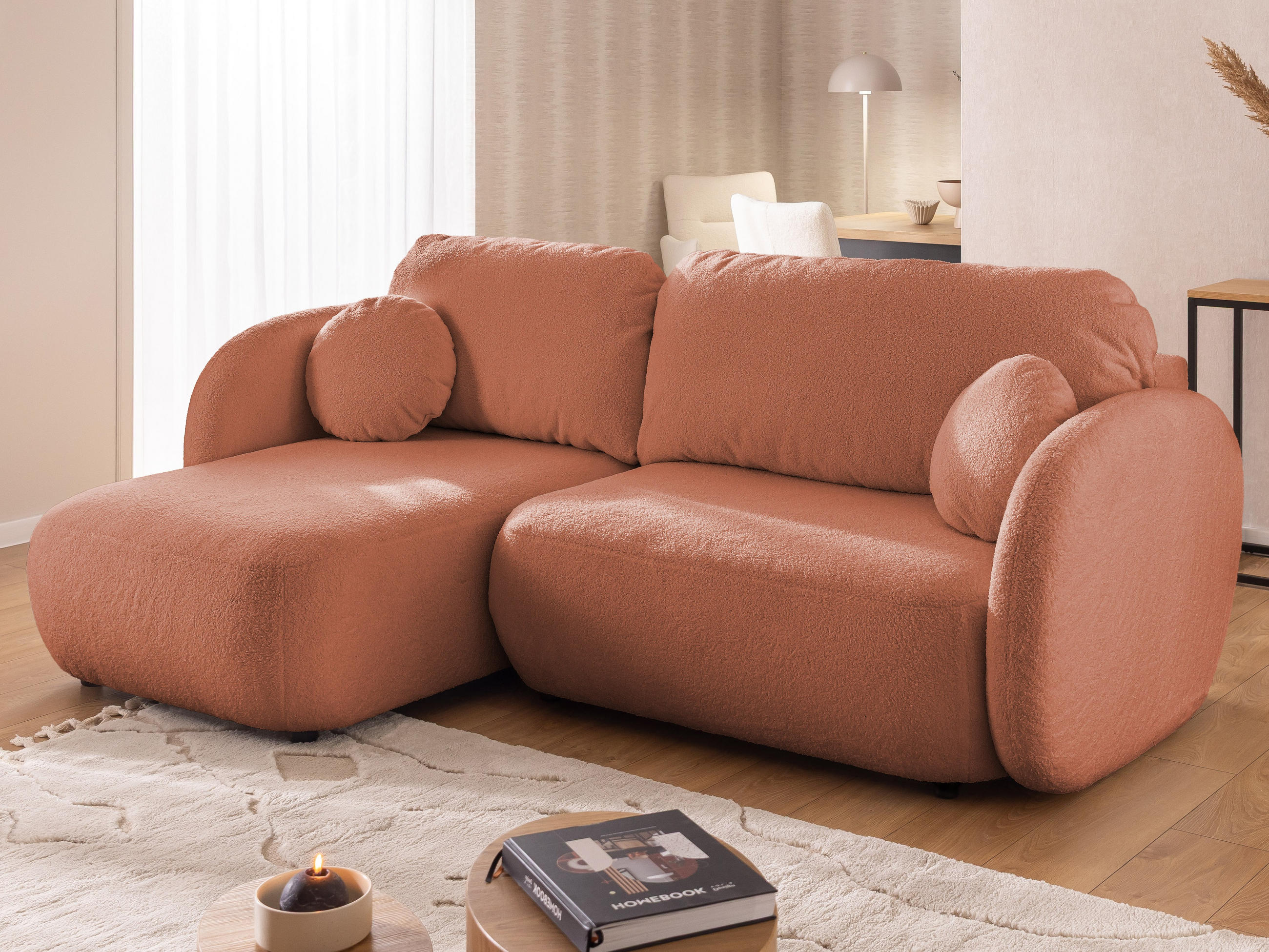 ECKSOFA Candy mit Schlaffunktion Terrakotta Bouclé-Stoff - Ottomane links - Terra cotta/Schwarz, Holz/Kunststoff (230/146cm) - S-Style Möbel