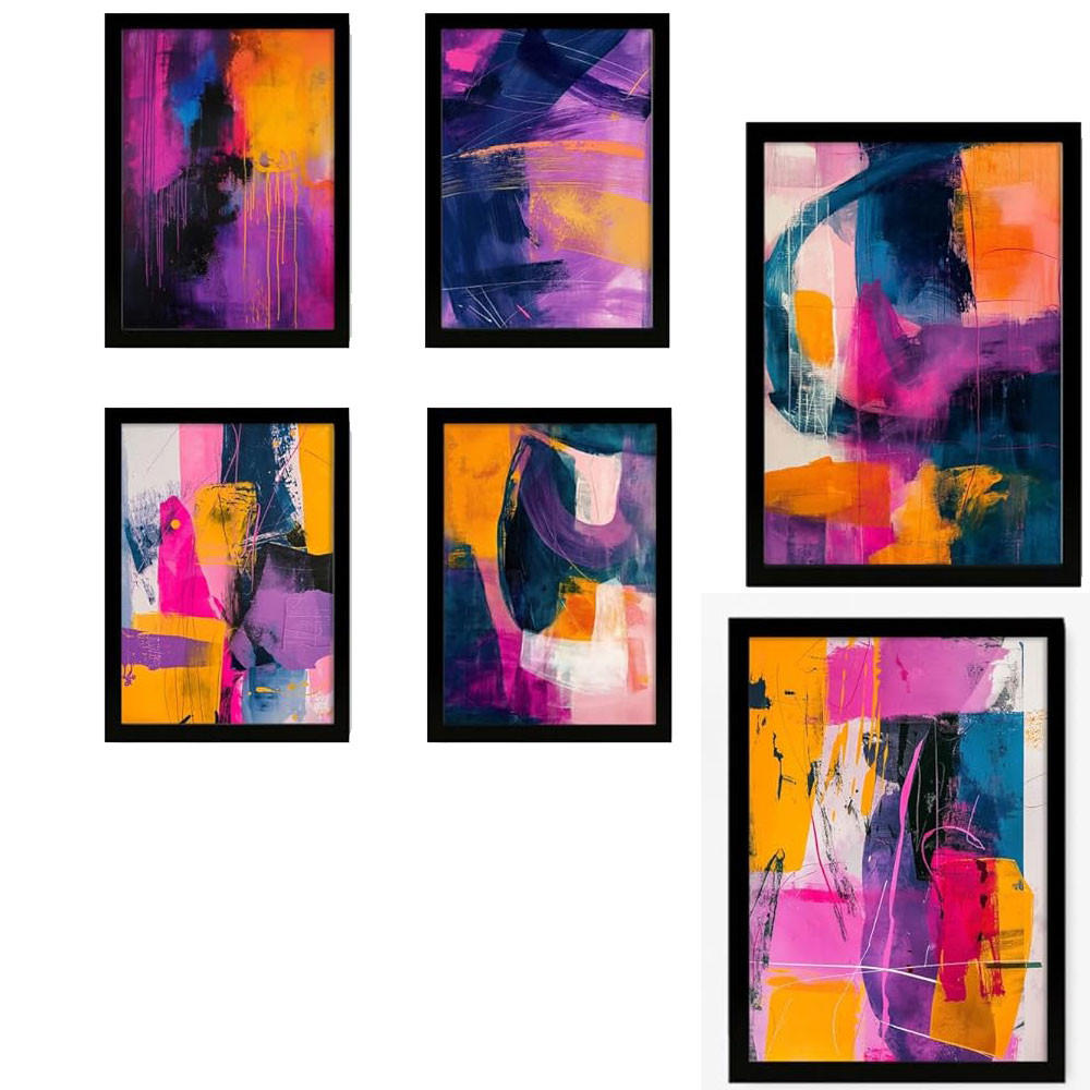 POSTER Set Mit 6 Forme Astratte Di Colore Blu Fucsia Puro A3 & A4 Schwarzer Rahmen - Schwarz, Papier (29/3/42cm) - Nacnic