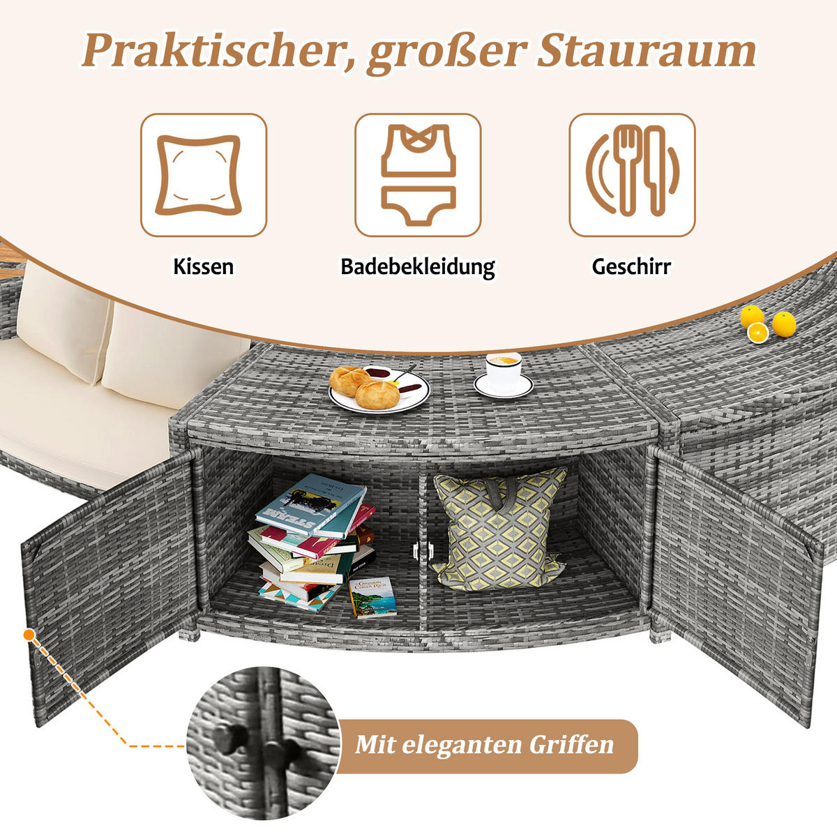 GARTEN Lounge Set mit runder Couch für Whirlpool oder Poolbereich mit verstellbaren Füßen und Kissen Terrasse Garten - Grau, Metall