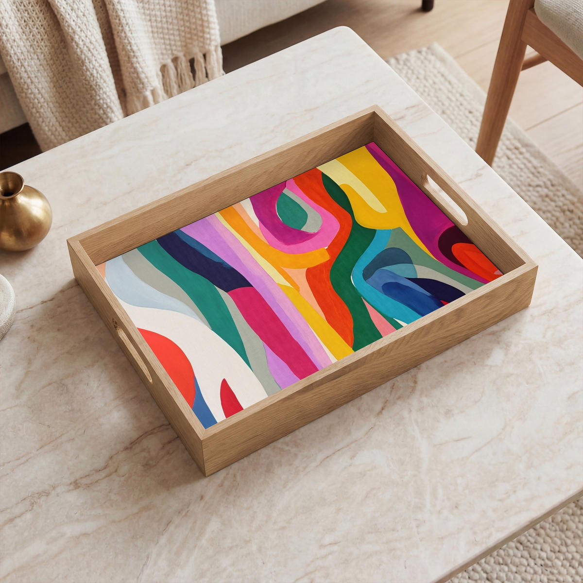 SERVÍROVACÍ PODNOS Abstraktní - barevné - vlny - linie 40x30 cm - různobarevná, dřevo (40/5/5cm) - OnlyWow