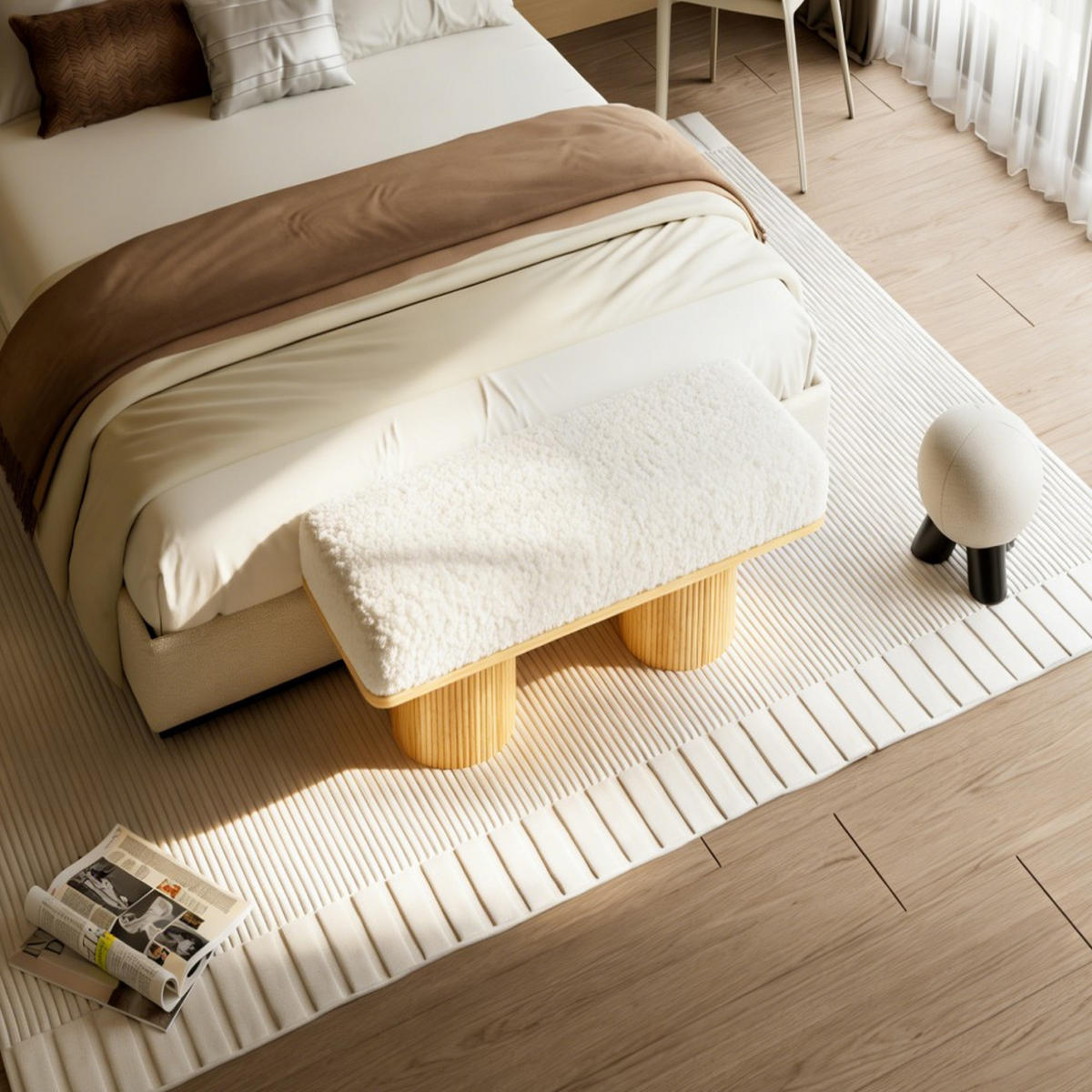HOCKERBANK 122 cm gepolstert mit Teddy-Fleece und Holzgestell, cremefarbene Sitzbank für Schlafzimmer & Flur - Eukalyptusholzfarben/Beige, Naturmaterialien (46/42.5/122cm)