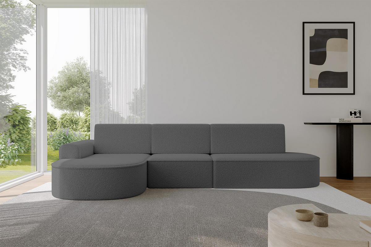ECKSOFA mit Schlaffunktion Ottomane Links MARI L2-S 368X167X85 Grau Bouclé - Schwarz/Grau, Holzwerkstoff/Kunststoff (368/167cm) - ALTDECOR