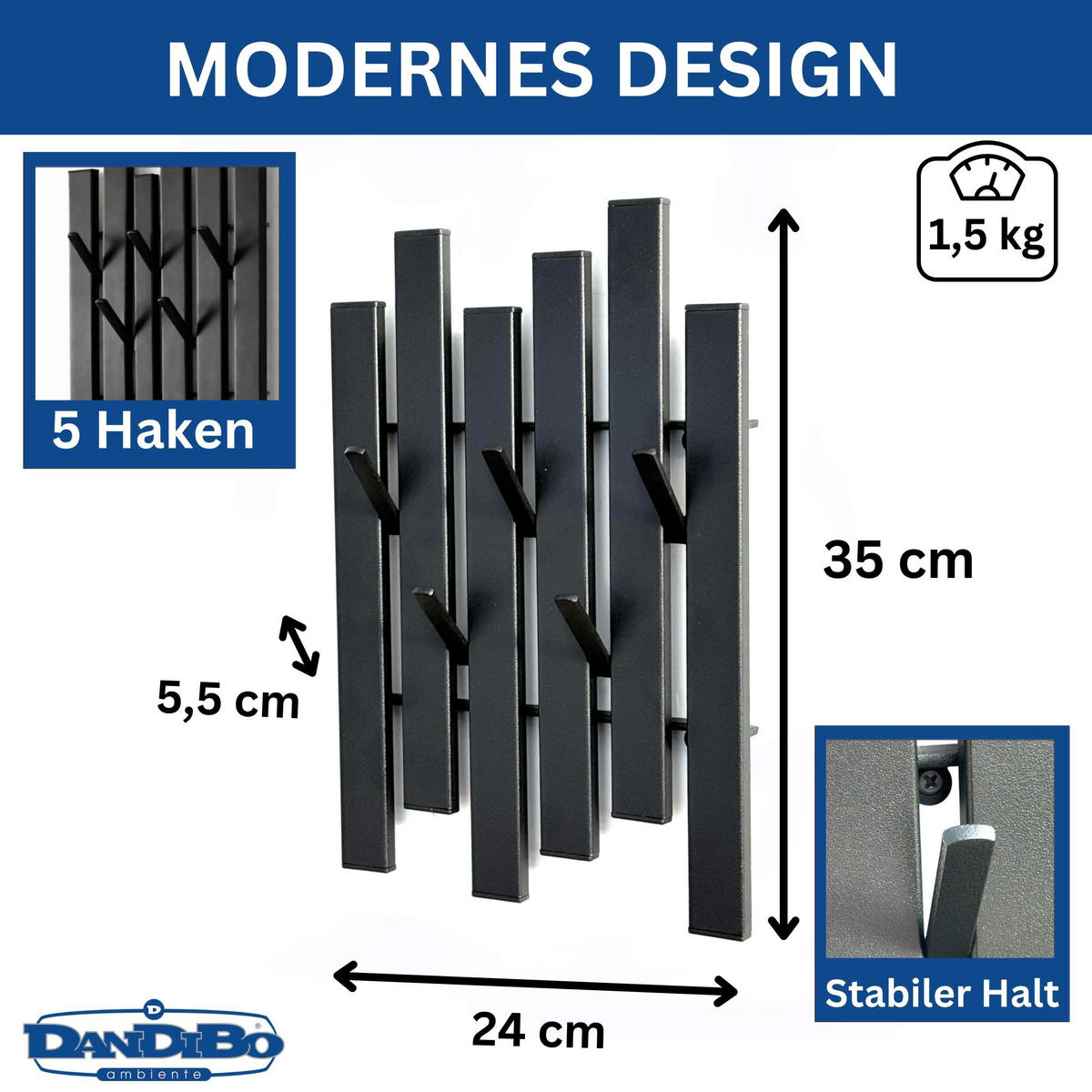 WANDGARDEROBE Schwarz Metall mit 5 Haken - Schwarz, Metall (24/35/5.5cm)