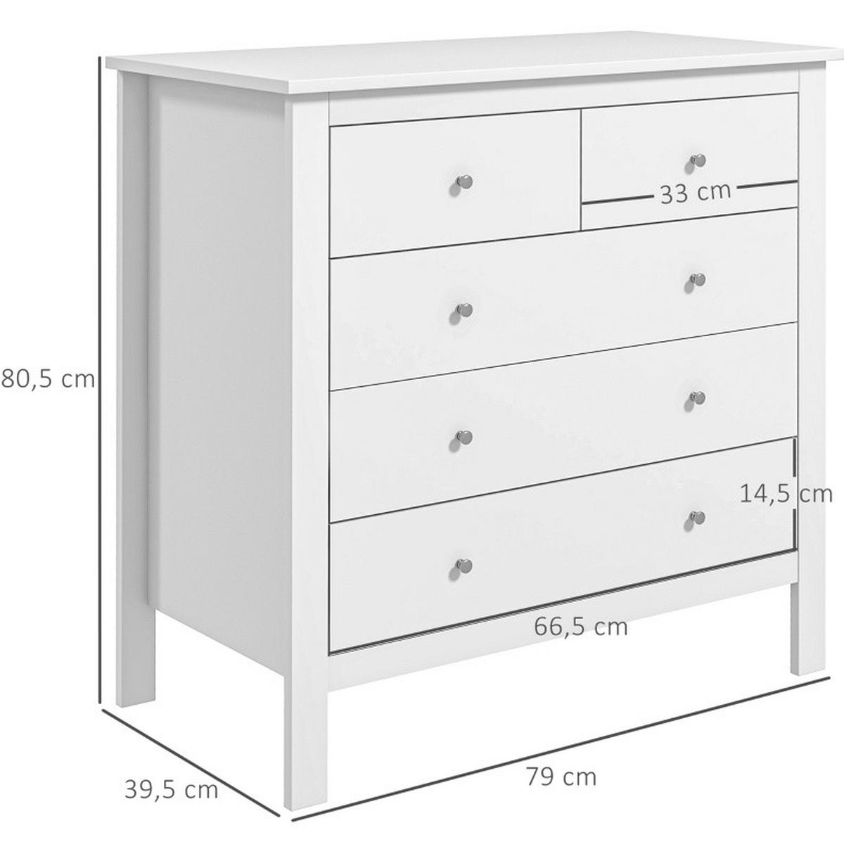 KOMMODE aus Holz 39,5x79x80,5 cm Weiß mit 5 Schubladen, Metallgleitern und pflegeleichter Bodenfreiheit - Weiß, Holzwerkstoff (79/80.5/39.5cm) - Modfu