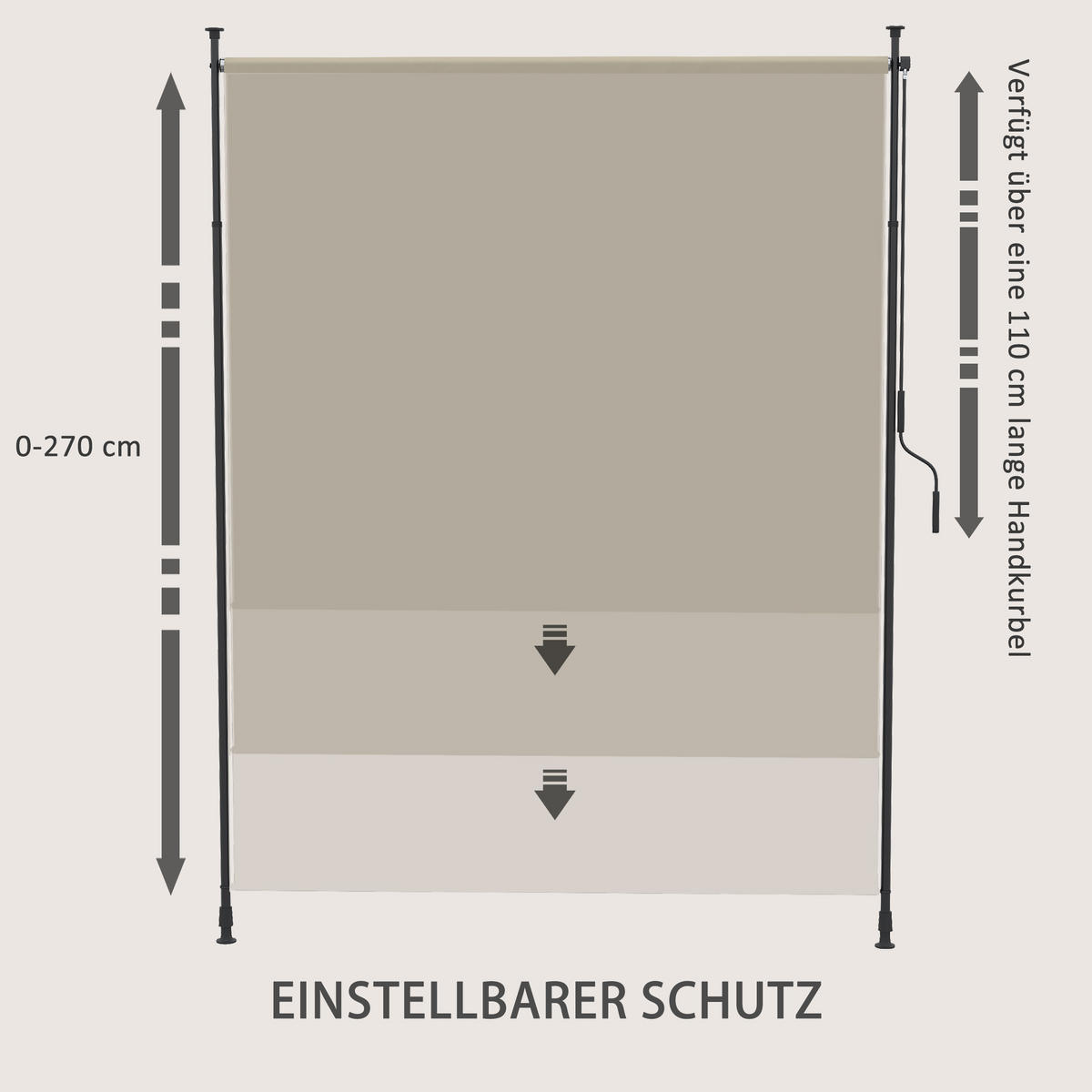 SEITENMARKISE, Montage ohne Bohren, höhenverstellbar, mit Handkurbel, Metallrahmen, sandfarben, 2 x 2,15-3,05 m - Sandfarben, Textil (200/305/3.8cm)