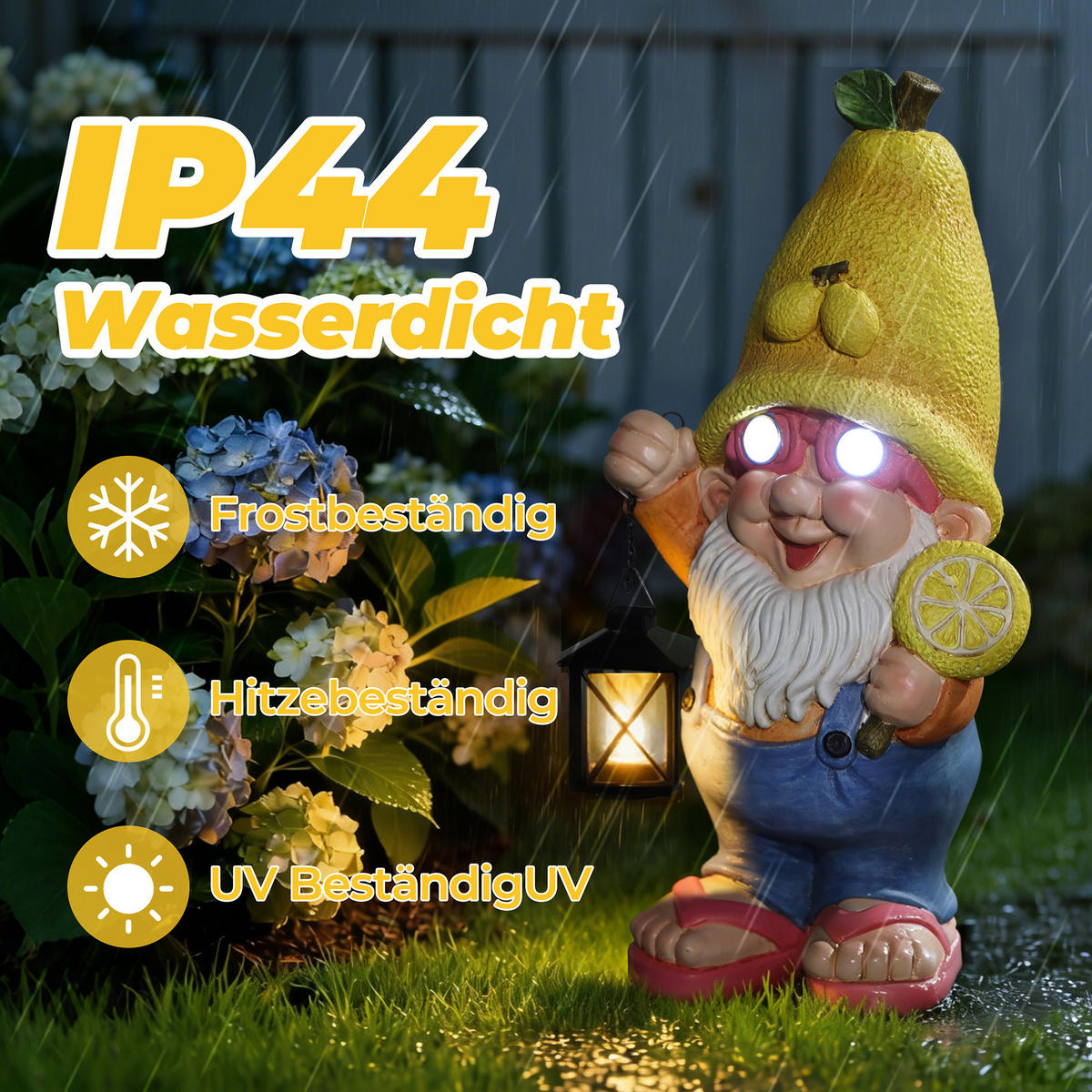 46CM Solarbetriebene Zwerggestalt in Form einer Zitrone Gartenfigur Zwerg mit Laterne, leuchtende Augen Geschenkidee für Mama - Multicolor, Naturmaterialien (23.5/46/16.5cm) - Hometopia