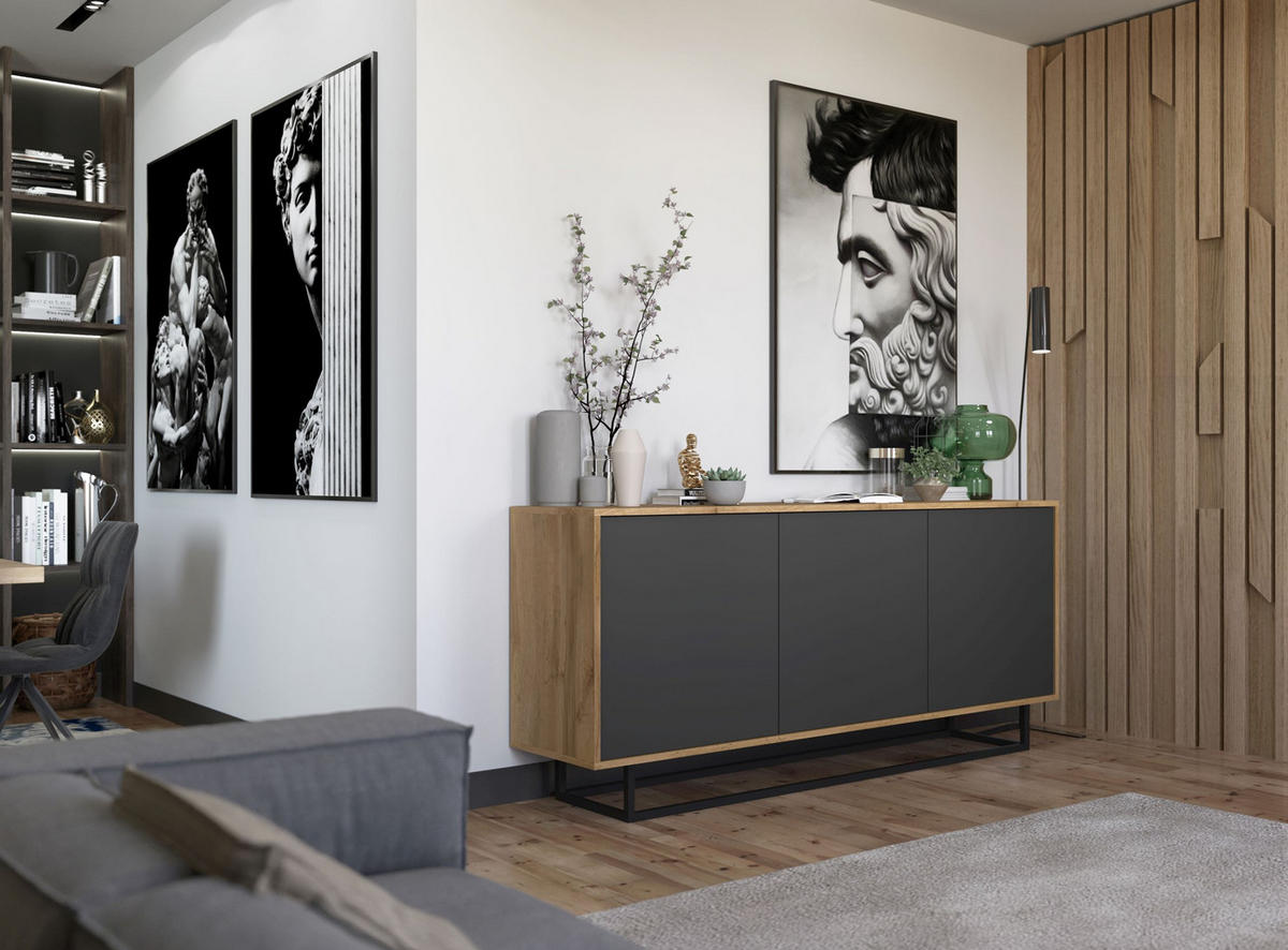 KOMMODE Apollo 3D Eiche wotan Graphit Matt 168 cm - Graphitfarben/Schwarz, Holzwerkstoff/Metall (168/72/35cm) - Meble Lindner