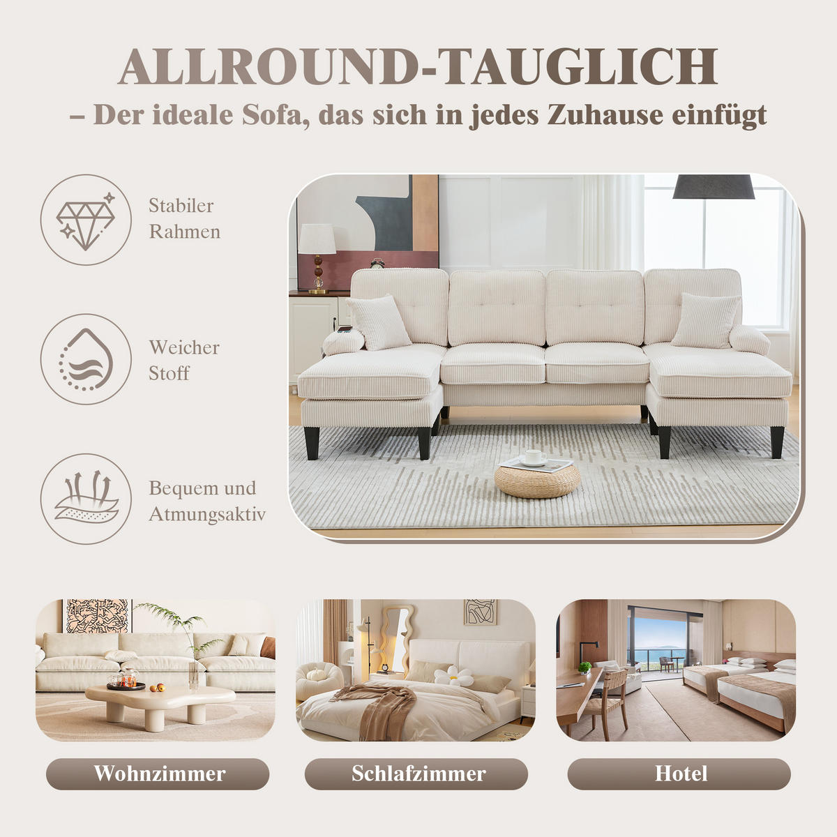 WOHNLANDSCHAFT 250/130/88 cm Beige mit Aufbewahrungsfach und USB/Type-C-Ladeanschluss - Beige, Textil (250/88/130cm) - Oxeza
