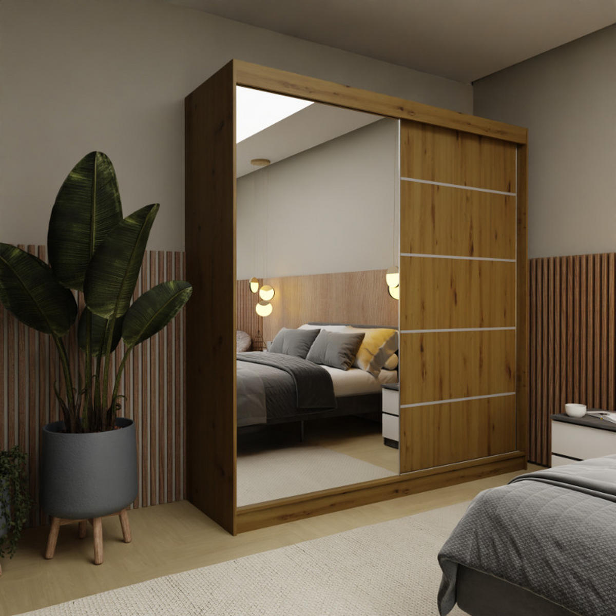 SCHWEBETÜRENSCHRANK Samantha 200 cm mit Spiegel, 2-türig, artisan - Braun, Kunststoff (200/216/61cm) - Margaret Hadas24