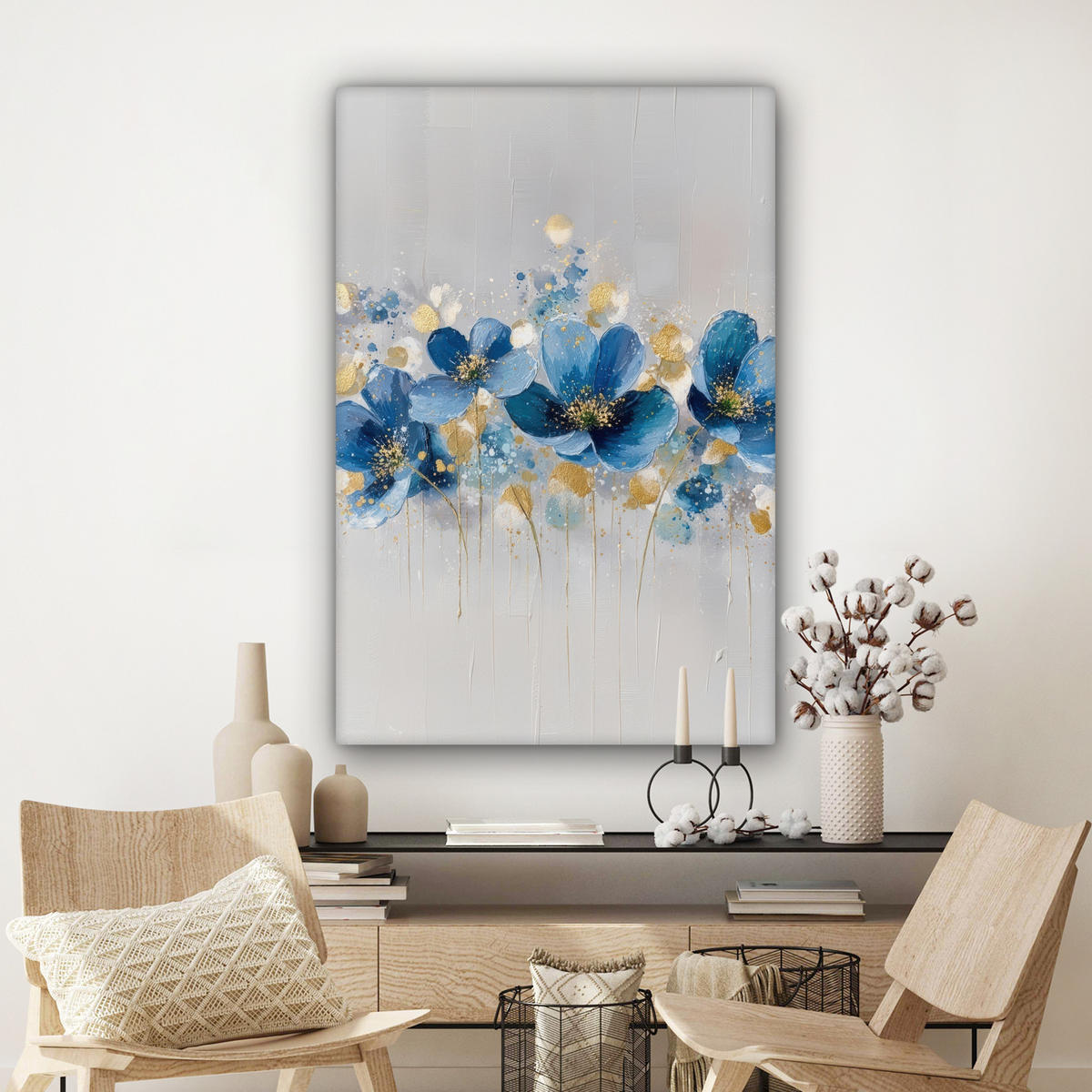 LEINWANDBILD Blumen - Blau - Abstrakt Deko XXL 80x120 cm - Hellgrau, Textil (80/120cm) - MuchoWow