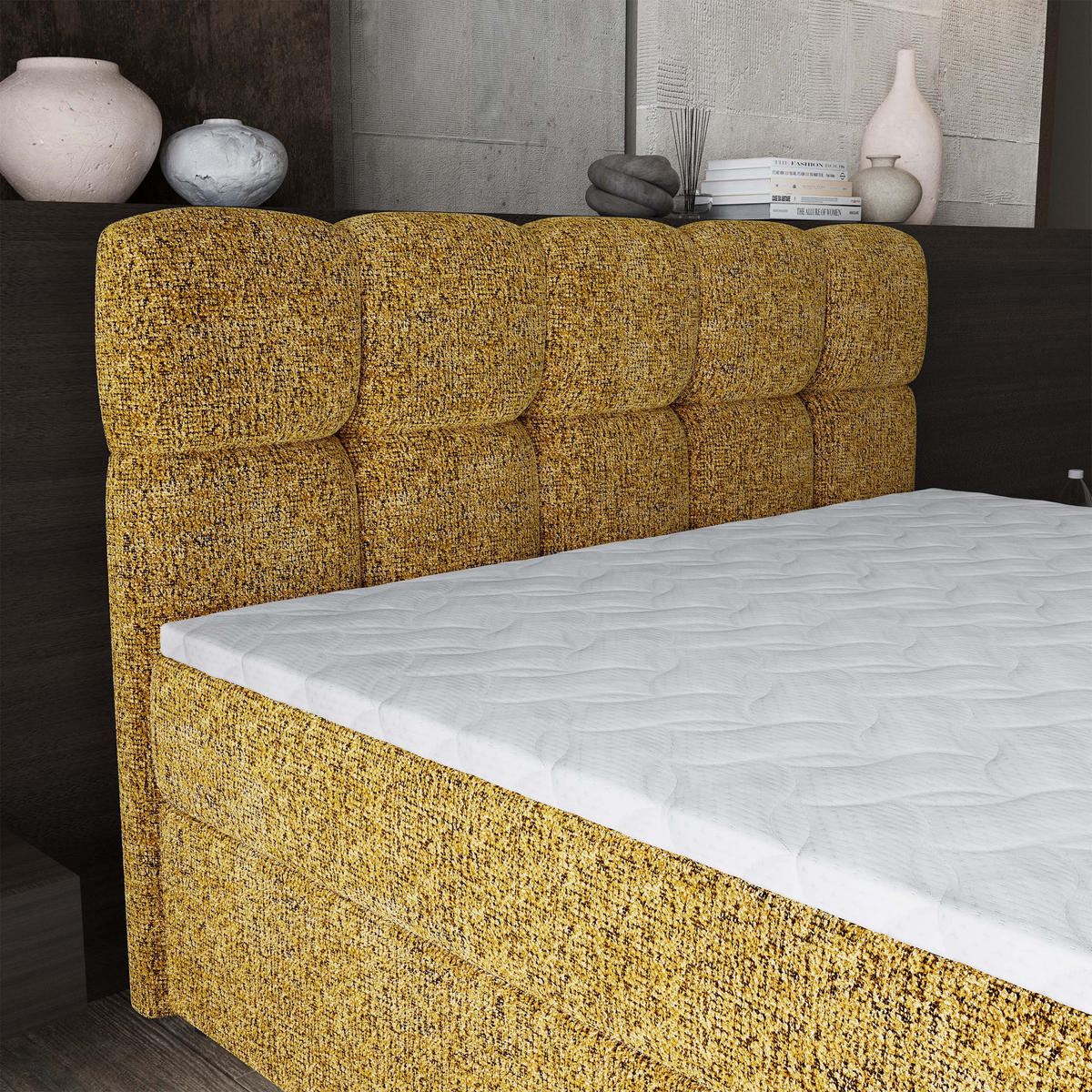 BOXBETT BRUME 160x200 cm mit Matratze und Topper, H2+H3 - Gelb - Gelb, Holz (160/200cm) - MASSENO