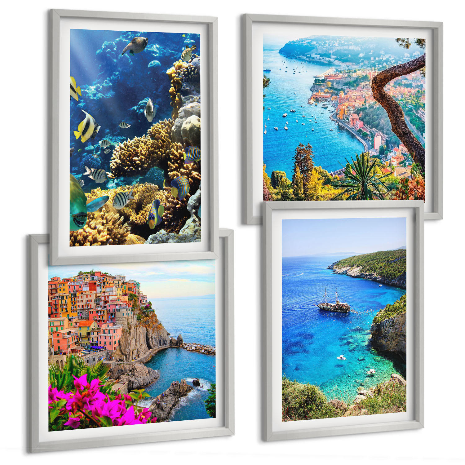 BILDER SET 4er Set - 50x50 cm & 40x60 cm Silberner Rahmen - Meerblick, farbenfrohe Häuser - Silberfarben, Kunststoff (50/50cm) - TULUP