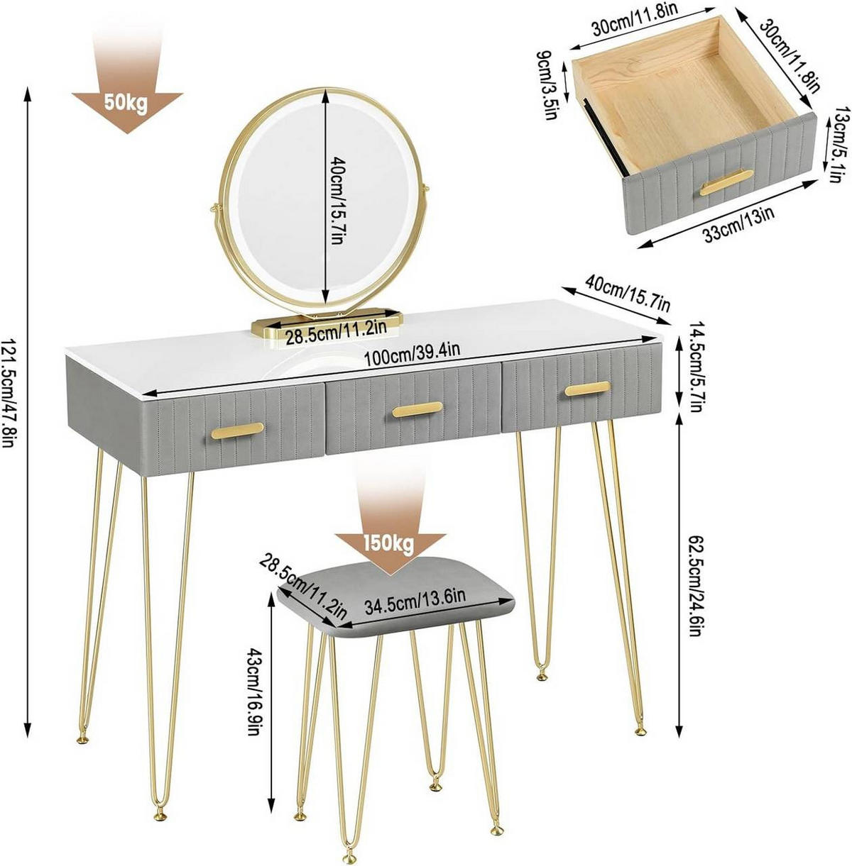 SCHMINKTISCH mit LED Beleuchtung Samthocker, 3 Schubladen - Goldfarben/Weiß, Holzwerkstoff/Metall (100/121.5/40cm) - Woltu