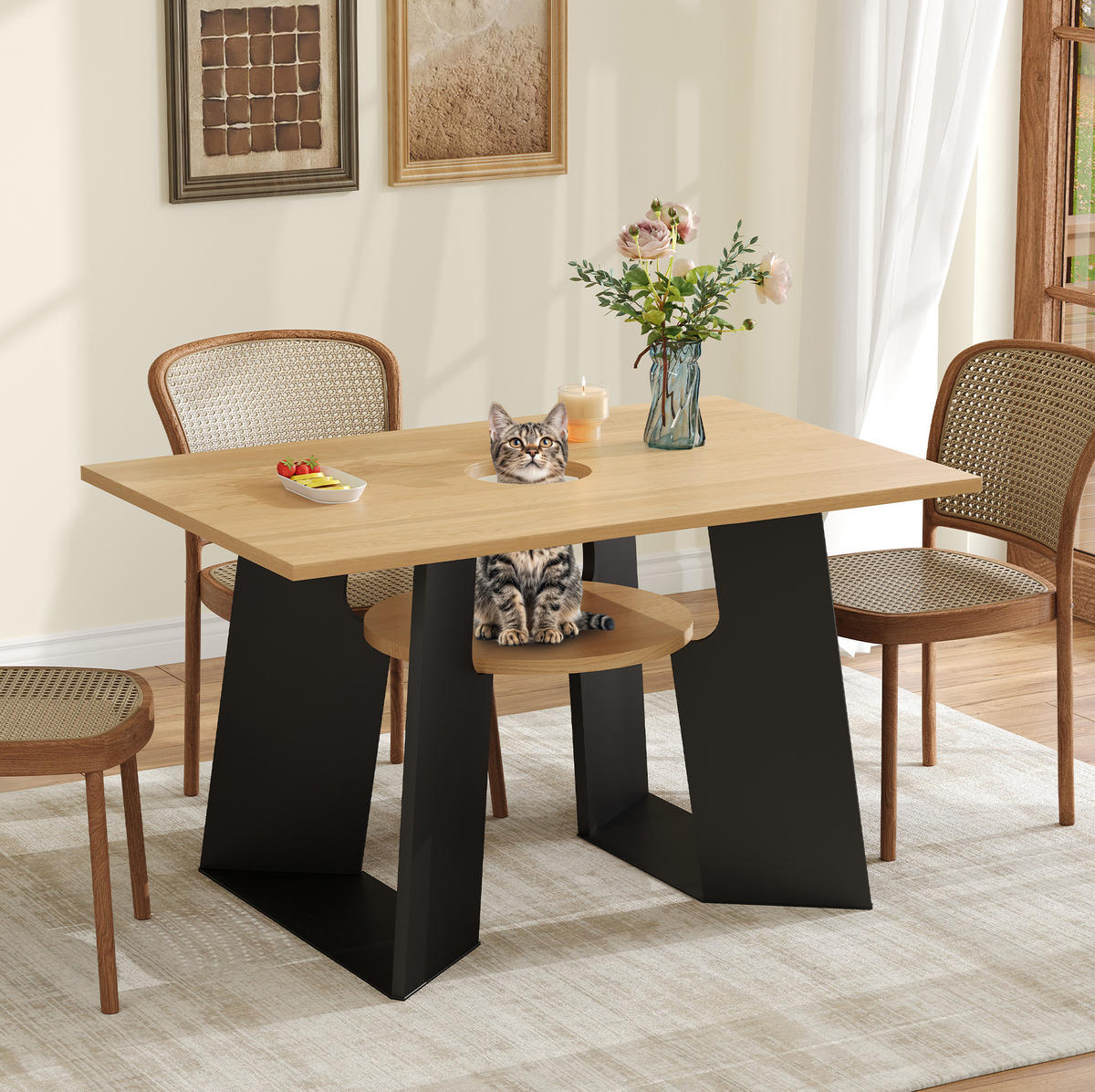 ESSTISCH aus MDF 130x85x75 cm Schwarz/Natur mit Katzenöffnung, Abdeckplatte und unterer Ablage - Schwarz, Holzwerkstoff (130/85/75cm) - Modfu