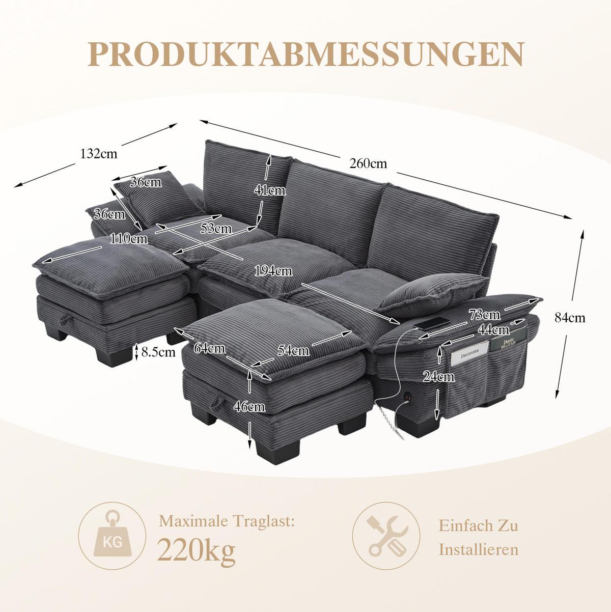 3-SITZER Sofa aus Cordstoff 260x132x84 cm in Dunkelgrau mit USB-C & Seitentaschen - Dunkelgrau, Textil (132/84/260cm) - Modfu