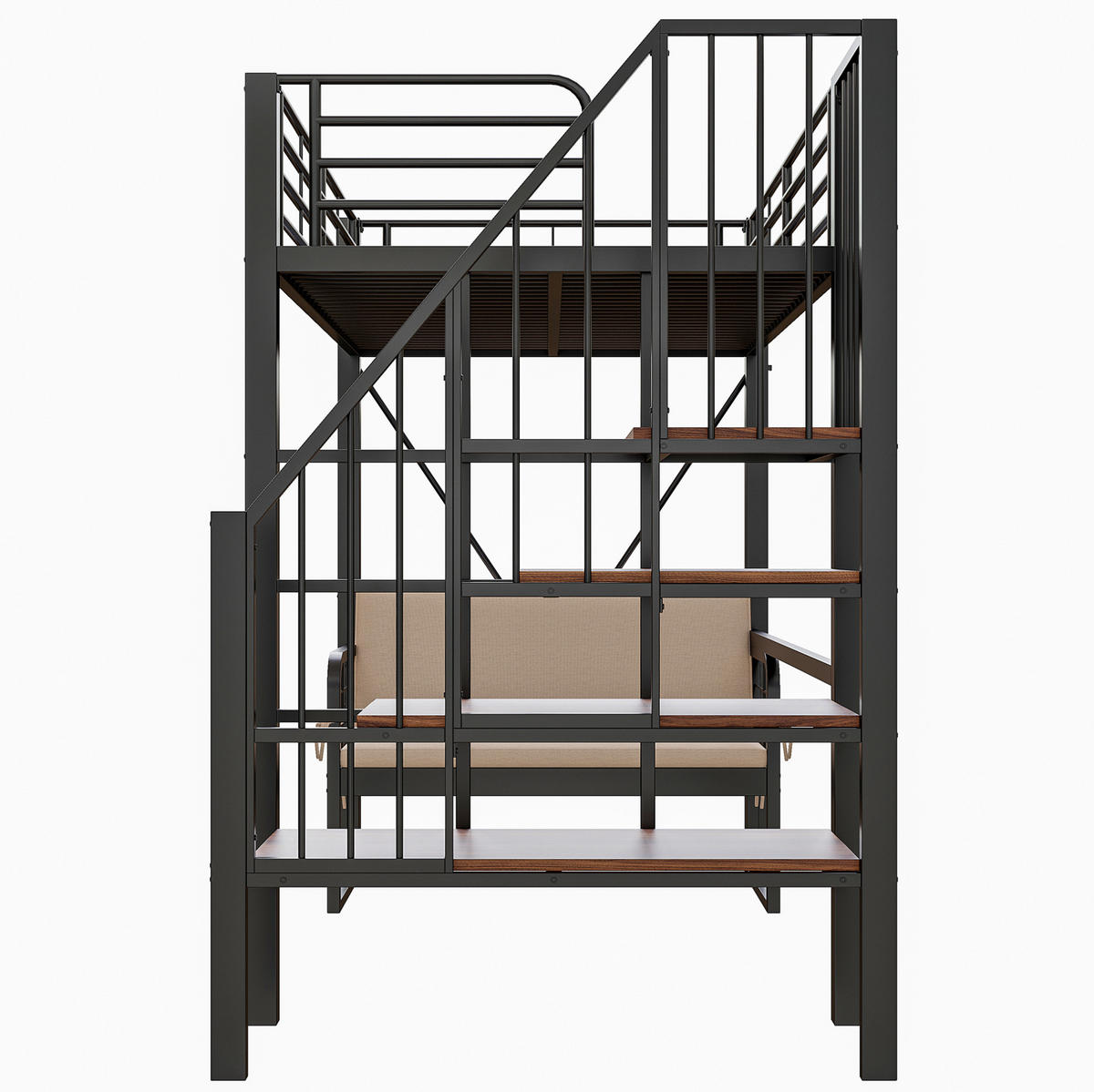 HOCHBETT 90/200 cm aus Metall und MDF mit Stauraumtreppe und abnehmbarem Polstersofa Schwarz - Schwarz, Metall (90/200cm) - Modenvie