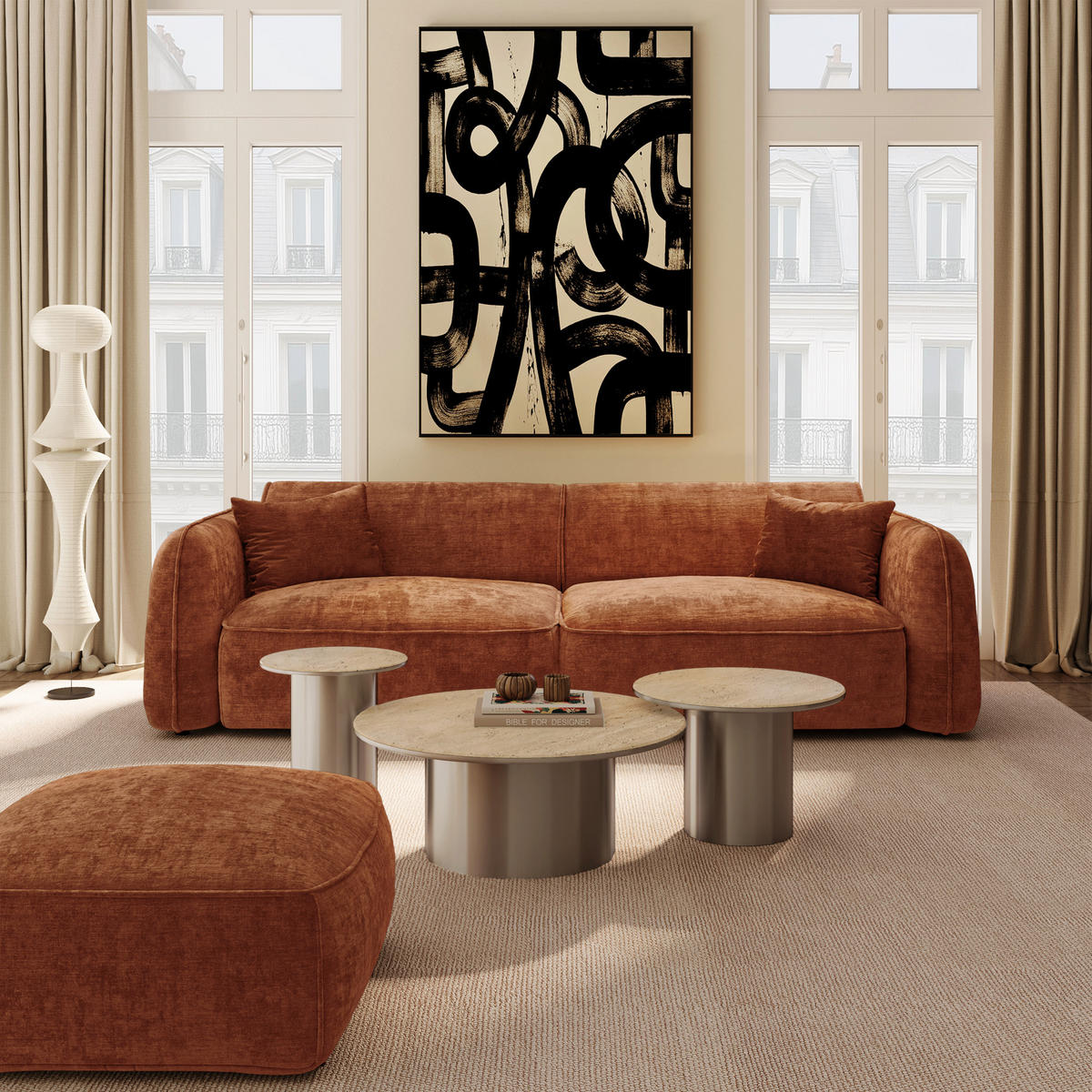 SOFA LOMI Geprägter Samt Terrakotta 235cm - Dunkelorange/Terracotta, Textil (235/74/90cm) - Premium Interiors