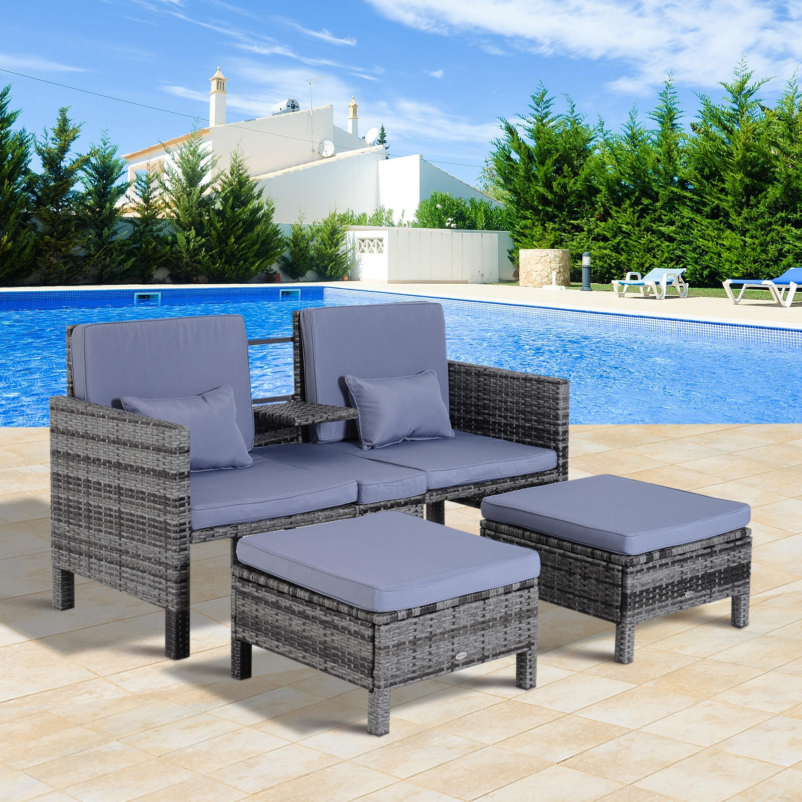 GARTENSET Grau Polyrattan + Metall 2er-Sofa 2 x Hocker Kissen - Grau, Kunststoff - Outsunny