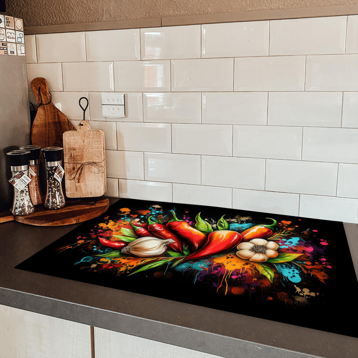 HERDABDECKPLATTE Gemüse - Paprika - Knoblauch - Graffiti - Farbe - Bunt 80x52 cm - Rot, Kunststoff (80/0.2/52cm) - MuchoWow