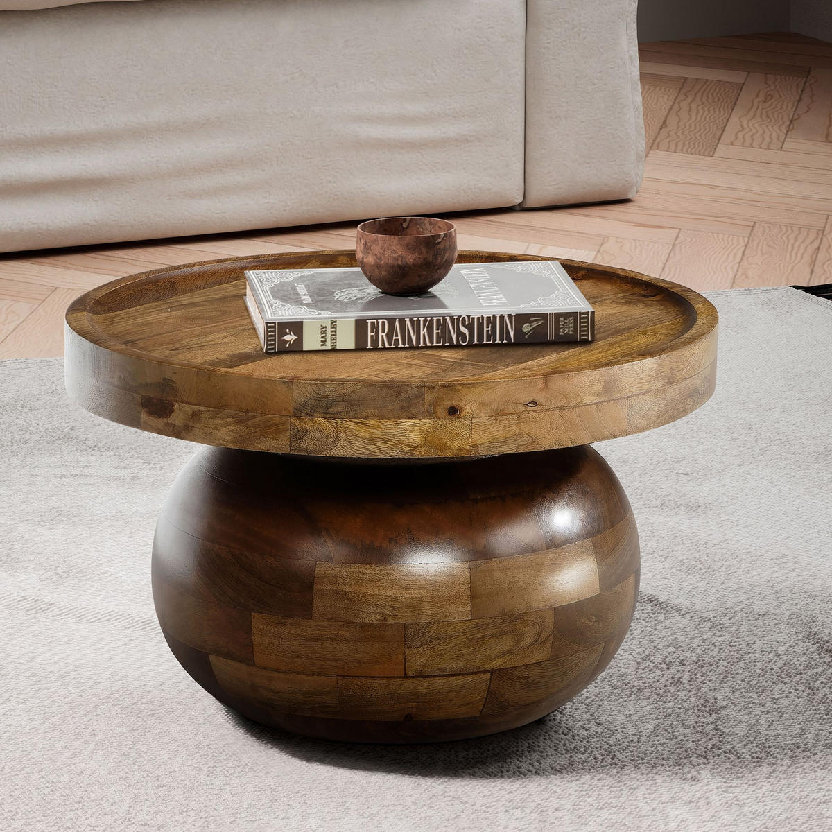 COUCHTISCH rund in Walnussfarbe, Massivholz Mango, 50x50x30,5 cm, niedrig, modern, natürliche Holzmaserung - Braun, Holz (50/50/30cm) - KADIMA DESIGN