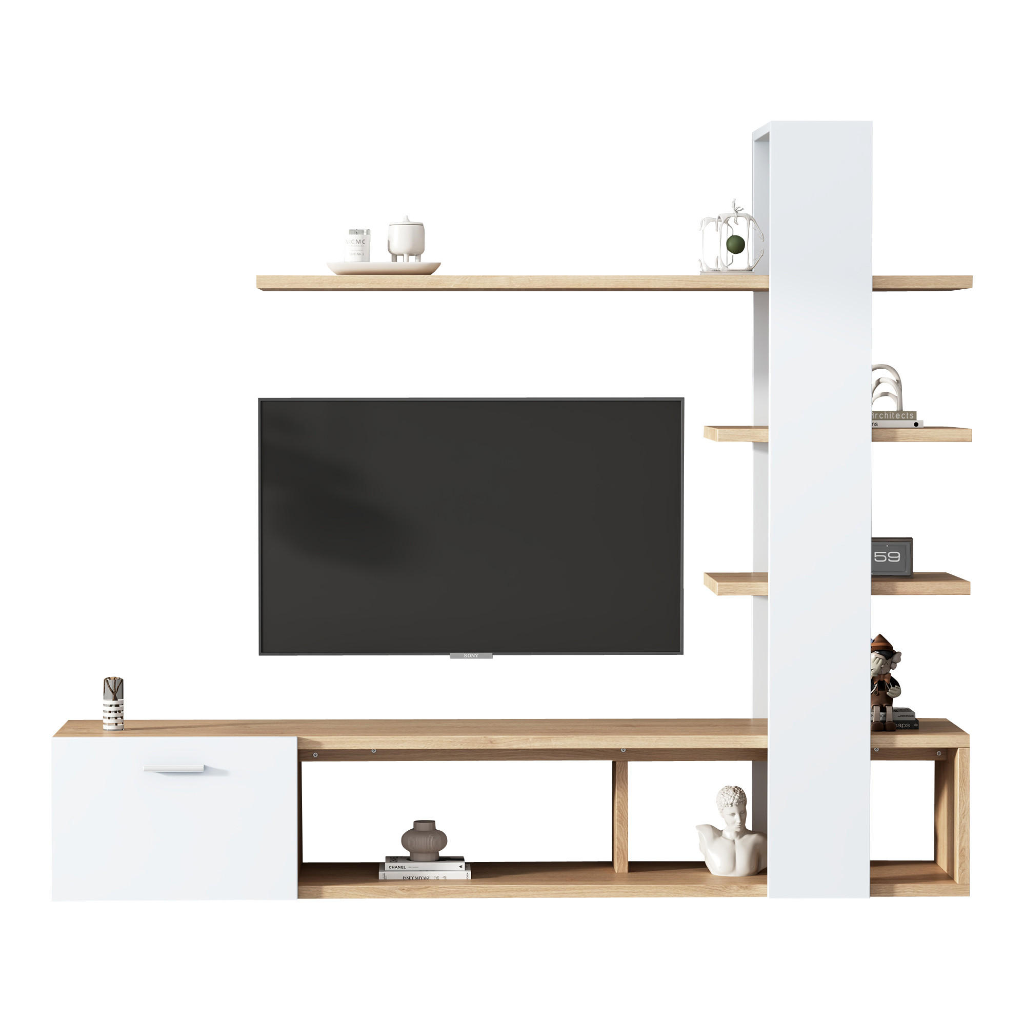 Redom TV stěna 180/33,5/151,5 cm s otevřeným a uzavřeným úložným prostorem a ochranou proti převrácení, Bílá a dřevěný dekor