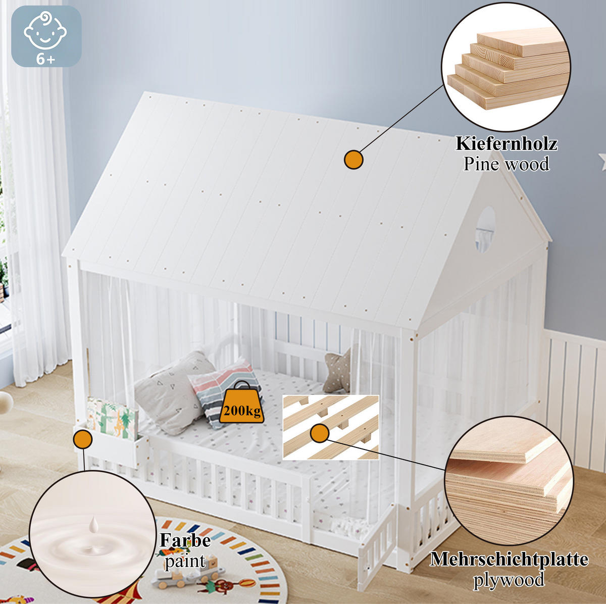HAUSBETT 140/200 cm Weiß aus Kiefer, MDF und Sperrholz mit Vorhängeschirmen und Stauraumfach - Weiß, Holz (140/200cm) - OKMYHOME