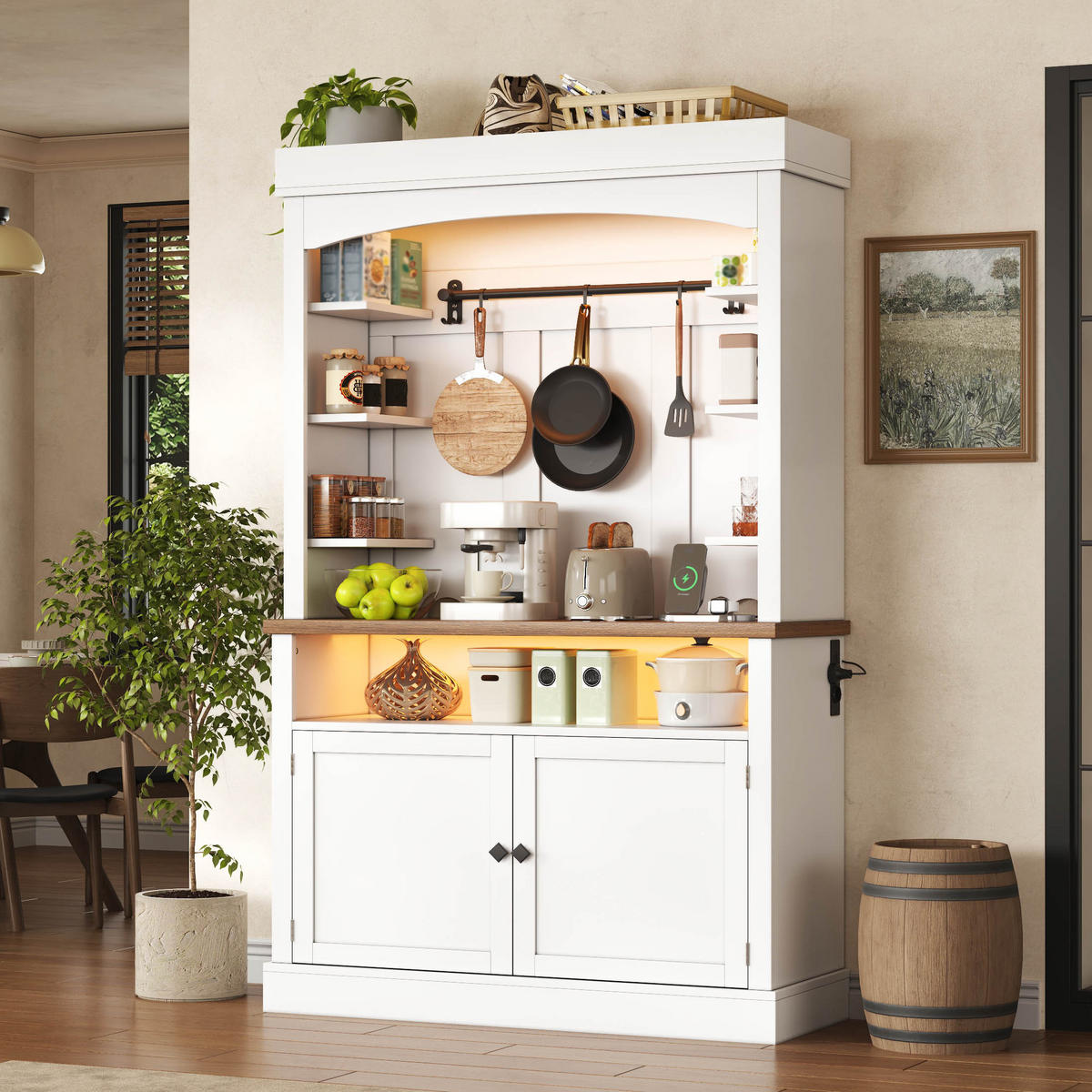 BUFFETSCHRANK Weiß 183cm mit LED-Beleuchtung, Steckdose & Kaffeebar - Weiß, Holzwerkstoff (106/183/43cm) - Urban Meuble
