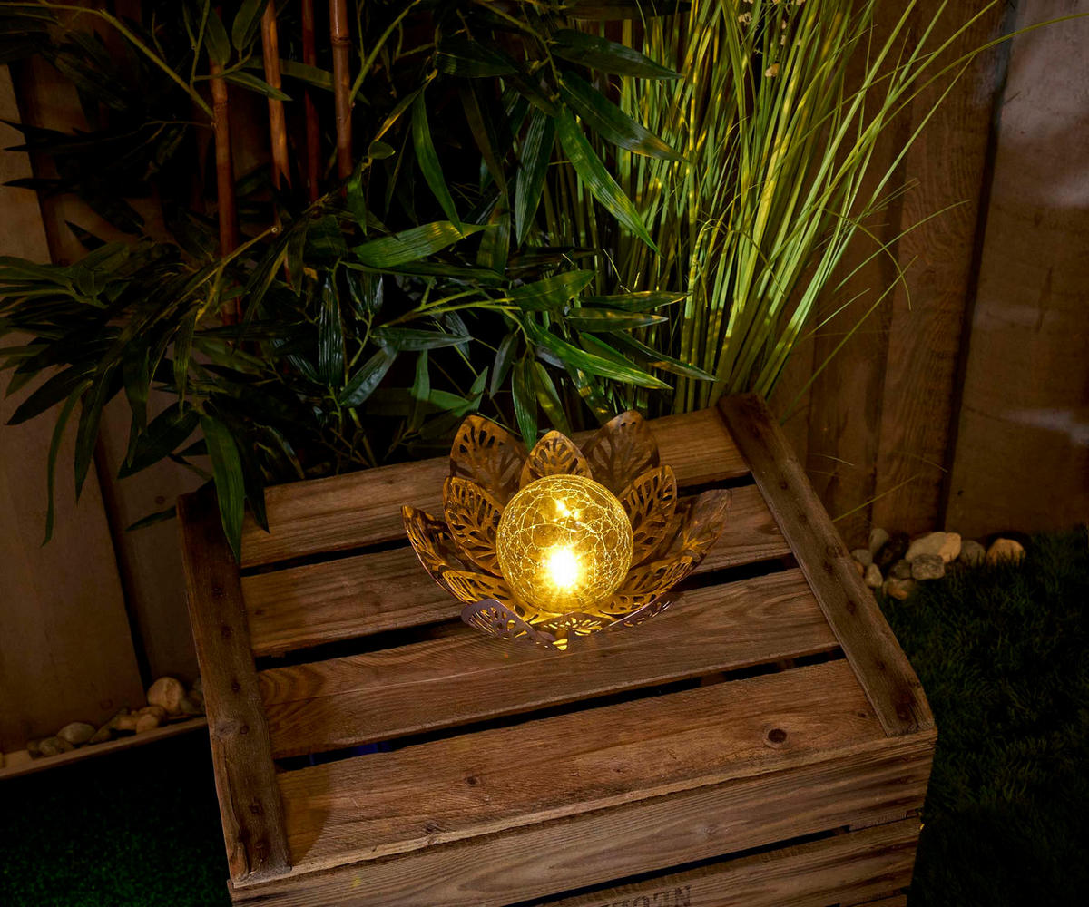 LED-WASSERLILIE aus Metall mit Glaskugel warmweißes Licht - Bruchglasoptik (D x H) 28 x 12 cm Groß Braun mit Stanzmuster - Braun, Metall (28/28/12cm) - Northpoint