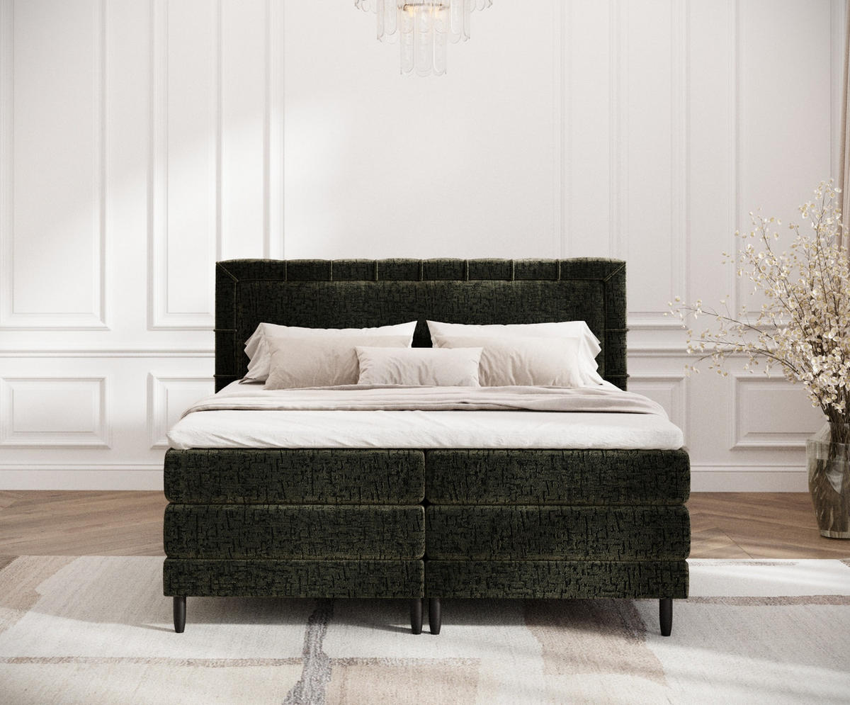 BOXSPRINGBETT Rimini Olivenfarbe 180/200 cm mit Matratze und Topper - Schwarz/Olivgrün, Holz/Holzwerkstoff (180/200cm) - Maison de Reve