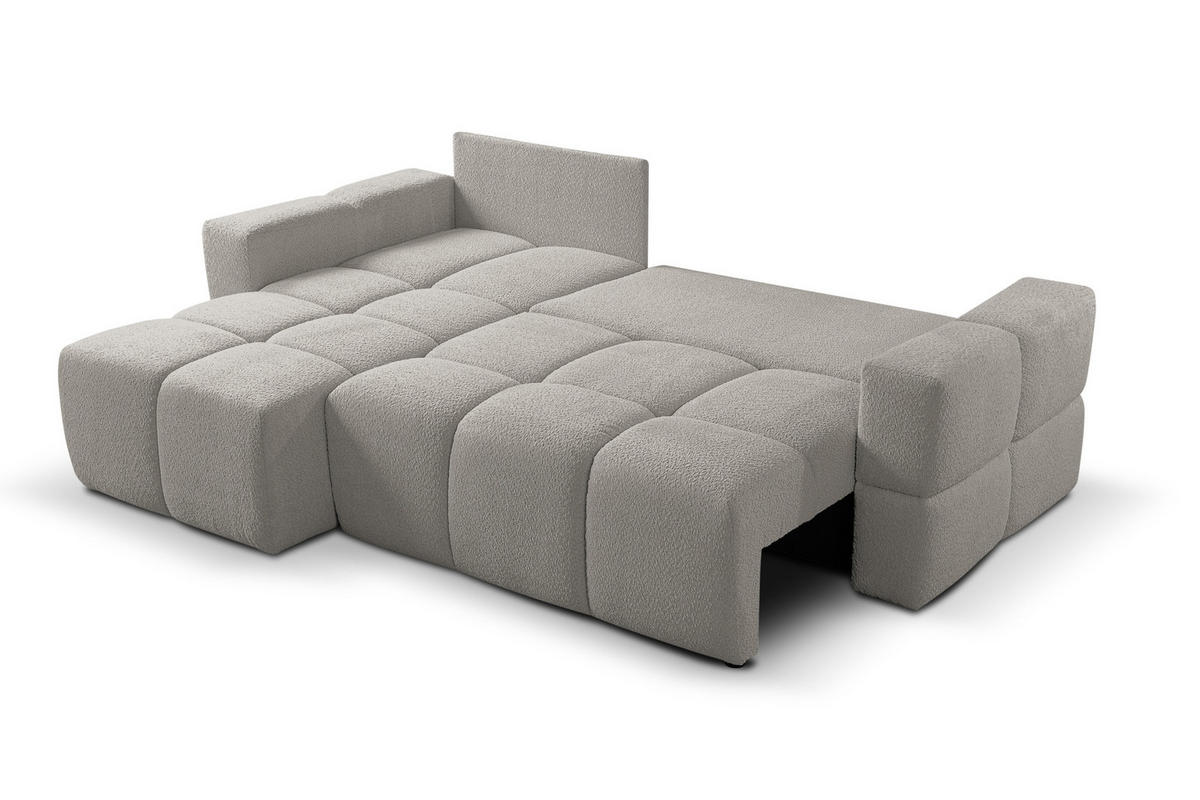 ECKSOFA LUSSO mit Schlaffunktion und Bettkasten, Farbe: Grau, Bouclé-Stoff, Ottomane Universal - Grau, Textil (255/165cm)