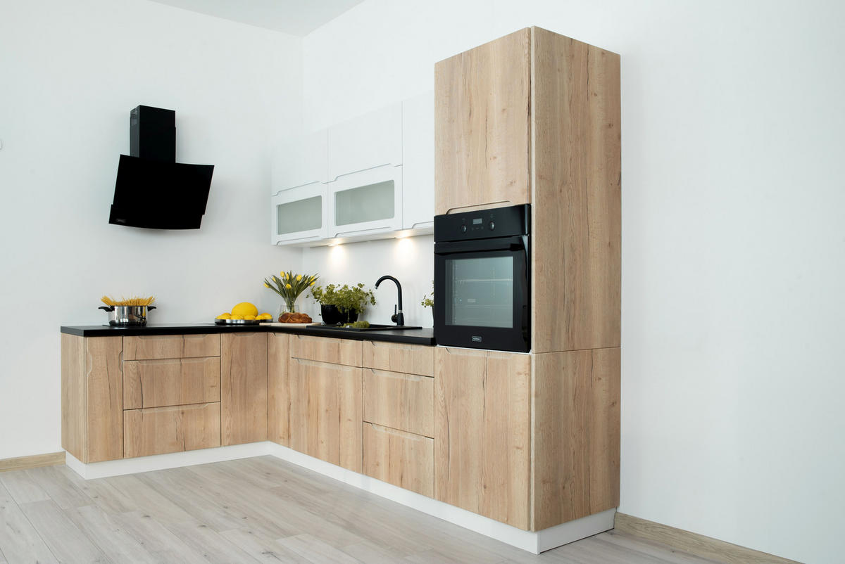 WINKELKÜCHE KS12-G290 - Zivora - Modern & funktional - Eichefarben/Weiß, Holz/Metall (290/213.3/170cm) - ROYAL24_MARKT