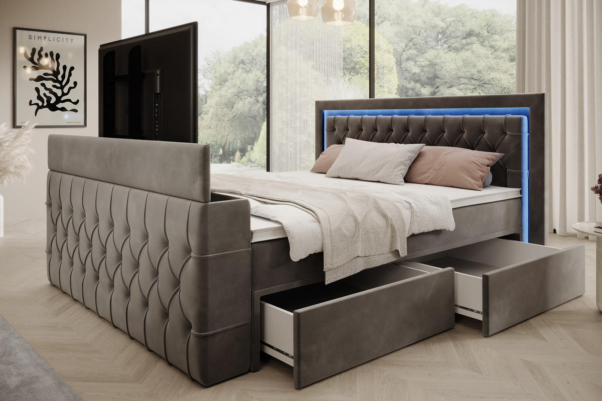 BOXSPRINGBETT Arosa TV mit Schubladen und Topper, TV-Lift, LED Beleuchtung, Samt, 180x200 cm, Grau - Grau, Holz - PROMETO Möbel