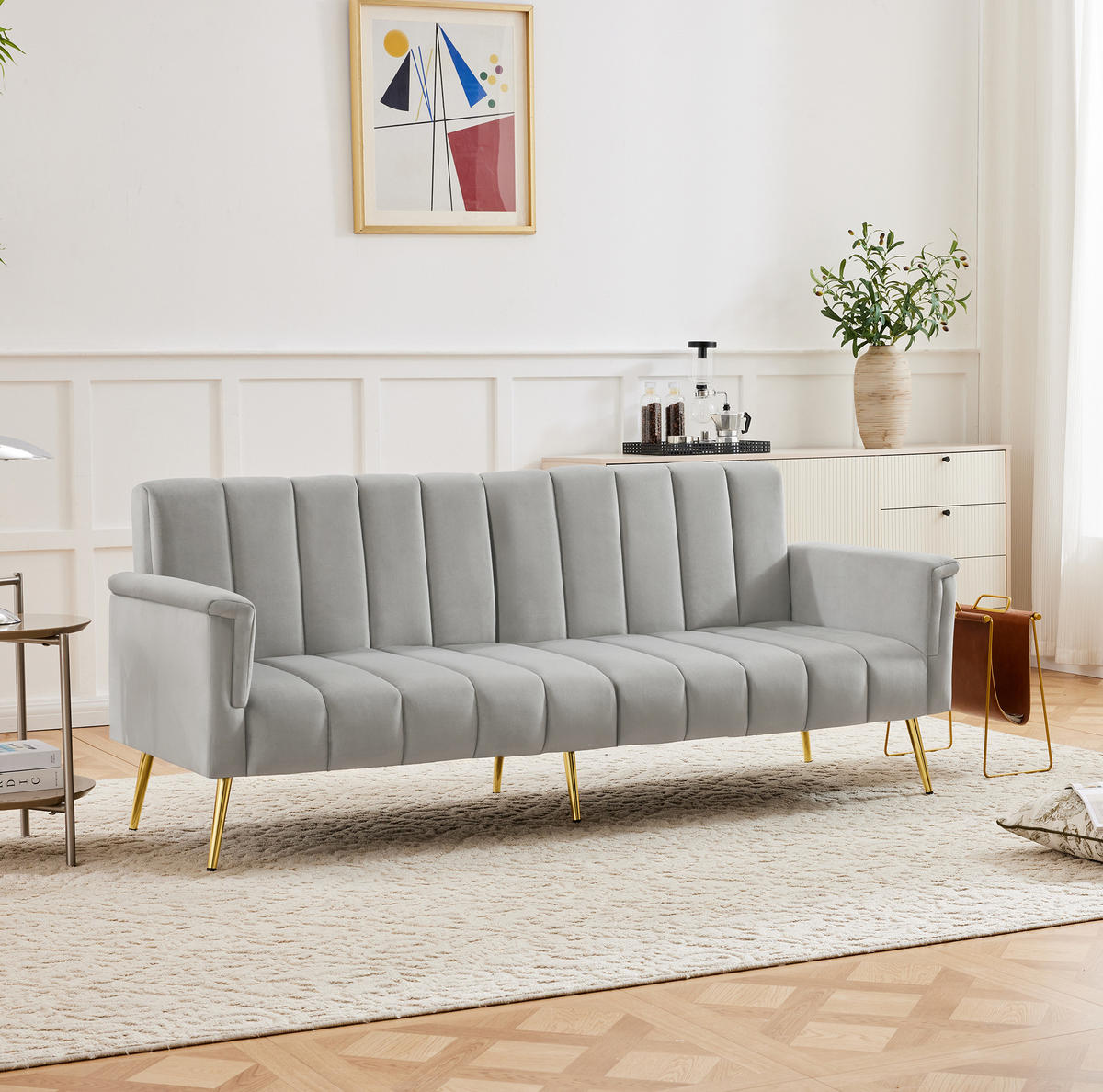 SCHLAFSOFA, Samt mit verstellbarer Rückenlehne & Armlehnen, 183/76/75 cm, Grau - Grau, Textil (76/75/183cm) - Redom