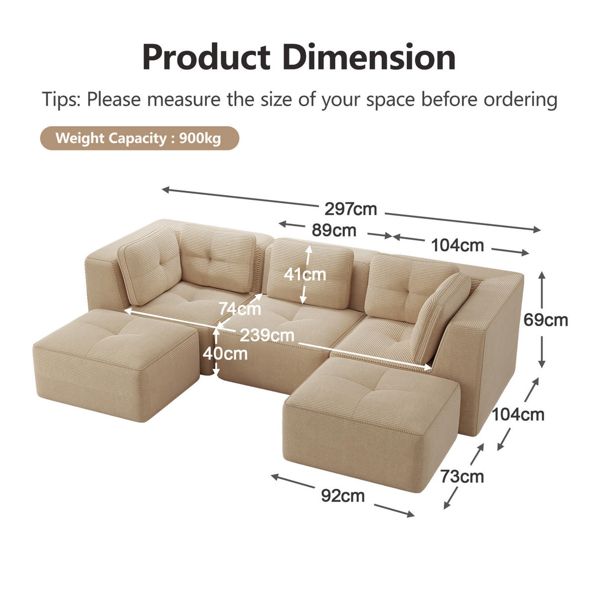 ECKSOFA modular 74 cm Sitztiefe Cord Beige - Beige, Kunststoff (177/69/297.1cm) - Meubliv