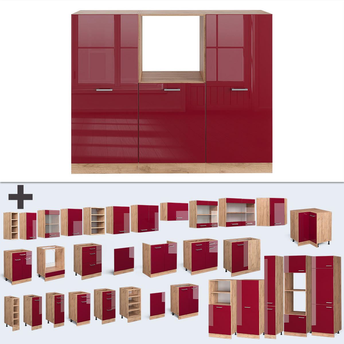KÜCHENBLOCK R-Line Rot Hochglanz/Goldkraft Eiche 180 cm ohne Arbeitsplatte - Rot/Eiche Wotan, Holzwerkstoff (180/81.6/46cm) - Vicco