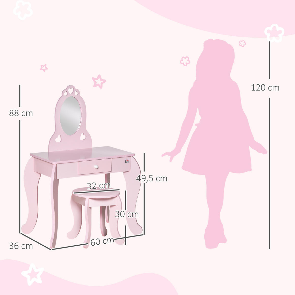 KINDERSCHMINKTISCH DE-18626 mit Herz-Motiven, inkl. Hocker Rosa - Pink, Holzwerkstoff (36/88/60cm) - ComfortXL