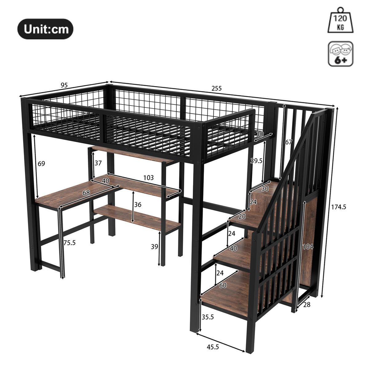 HOCHBETT aus Metall und MDF 90x200 cm Schwarz/Braun mit Schreibtisch, Regalen und Kleiderschrank - Schwarz, Holzwerkstoff (90/200cm) - IVMEU