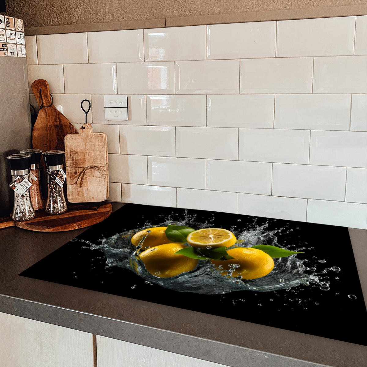 HERDABDECKPLATTE Zitrone - Obst - Gelb - Schwarz 77x51 cm - Gelb, Kunststoff (77/0.2/51cm) - MuchoWow