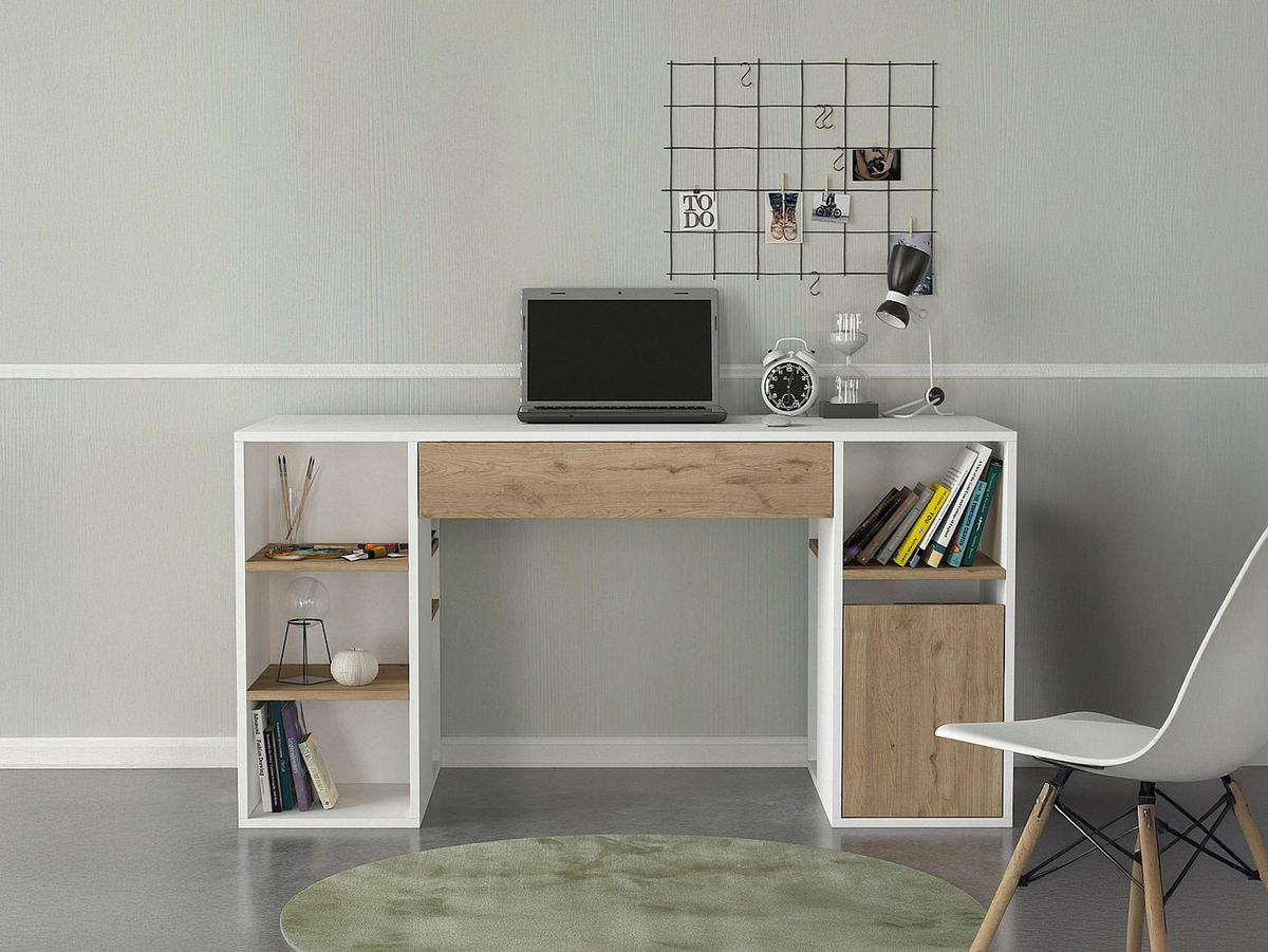 SCHREIBTISCH mit Stauraum - Weiß & Holzfarben - MELAVA - Naturfarben, Holz (59.6/145.3/74.4cm) - Vente-Unique