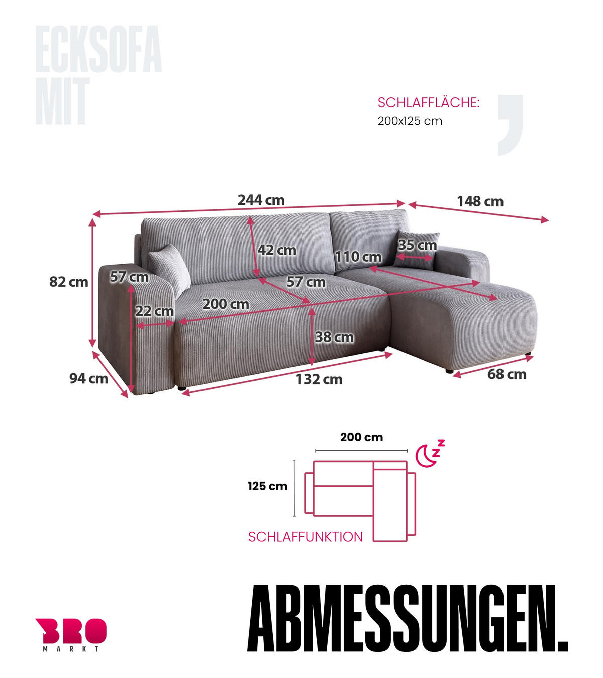 ECKSOFA PUMI mit Schlaffunktion Hellgrau Cord - Hellgrau, Textil (244/148cm) - Bromarkt