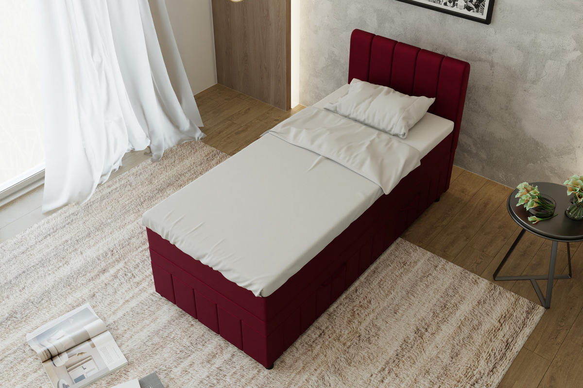 BOXBETT AVALON 90 x 200 cm mit Bettkasten und Topper - Rot - Rot, Holz - Panda Möbel