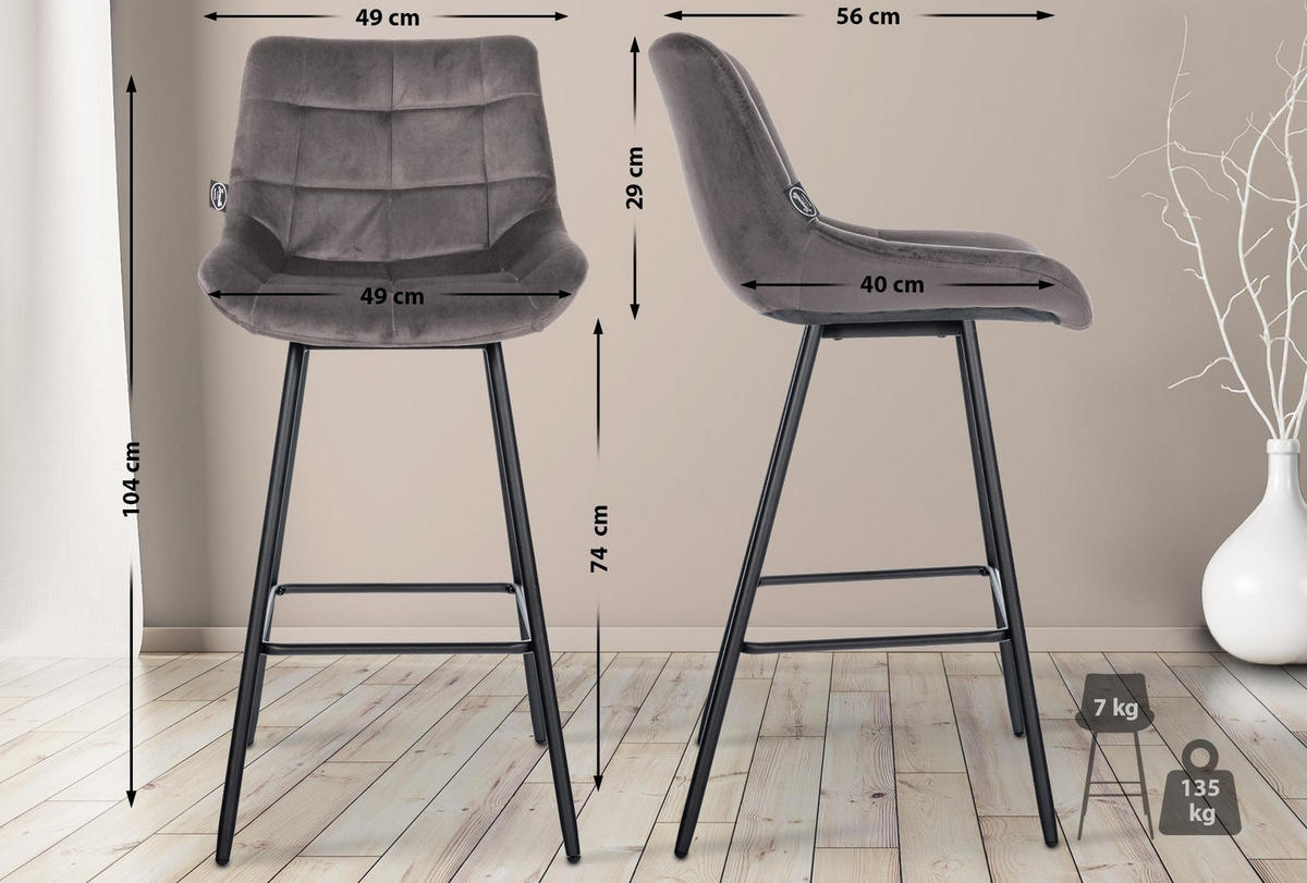 BARHOCKER Samt grau - Schwarz/Grau, Textil/Metall (49/104/56cm) - CLP
